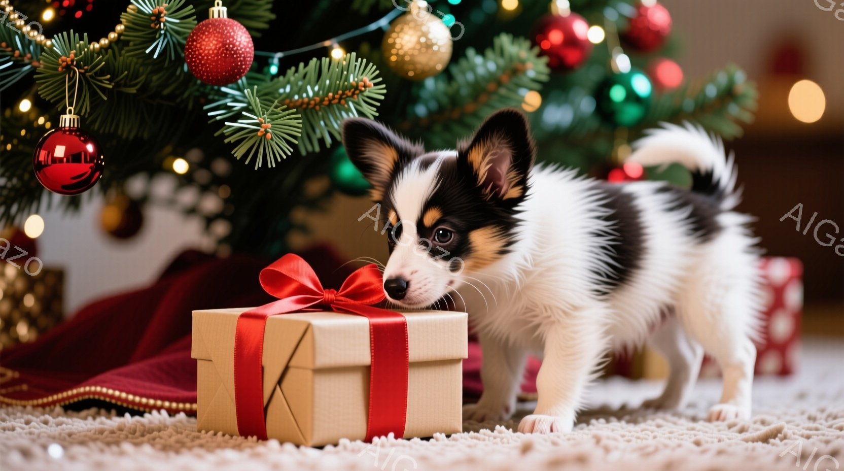 白と黒の毛並みを持つ子犬が、赤いリボンで飾られたプレゼントの箱を見つめています。背景にはクリスマスツリーが飾られ、赤い布が敷かれた床の上に箱が置かれています。全体的に温かく、お祝いムードにあふれたクリ - AI生成フリー素材