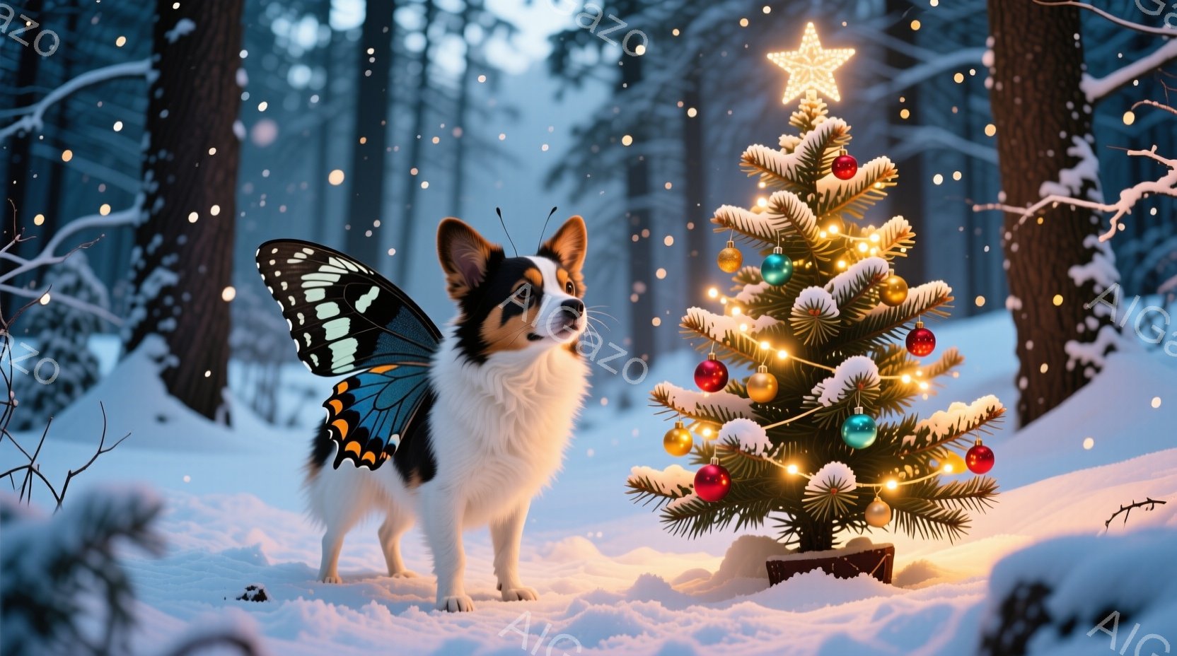 雪景色の中に、蝶の羽を持つ白い犬が立っている。クリスマスの飾り付けがされた小さなクリスマスツリーが犬のすぐ横にあり、暖かく優しい光を放っている。背景には雪で覆われた木々が立ち並び、全体的に幻想的で温か - AI生成フリー素材