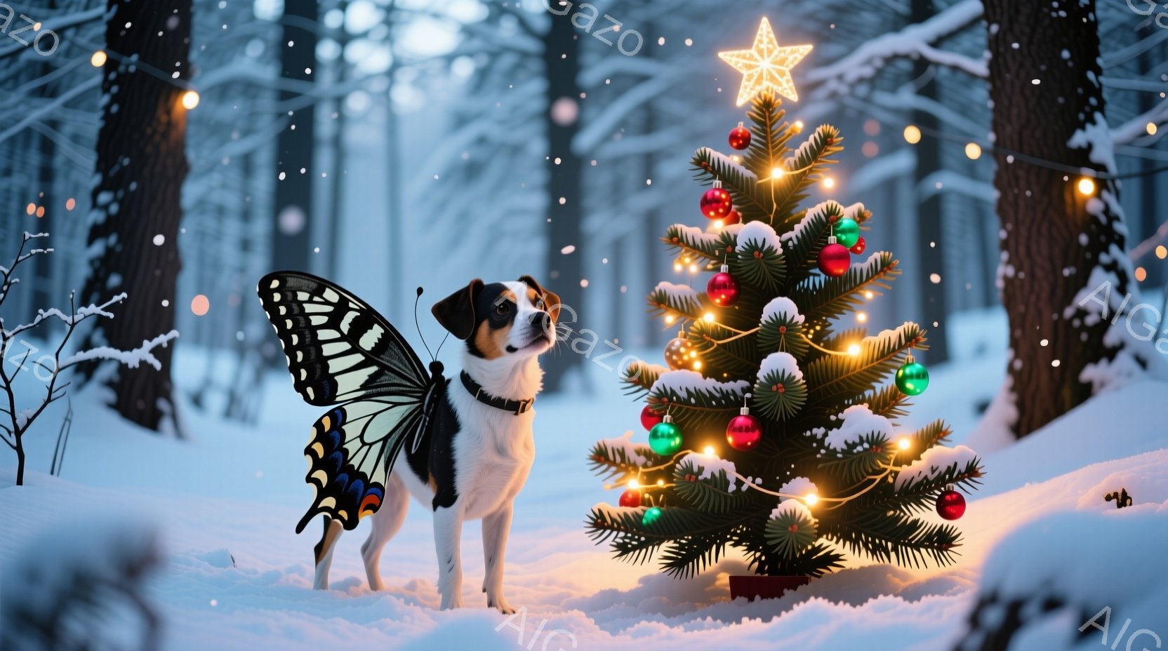 白と黒の犬が、クリスマスのトナカイの角のヘッドバンドと赤い首輪をつけて座っています。背後には雪の上に置かれたプレゼントの山と、赤色のソリ、そしてぼやけたクリスマスツリーが見えます。全体的に、暖かく、お - AI生成フリー素材