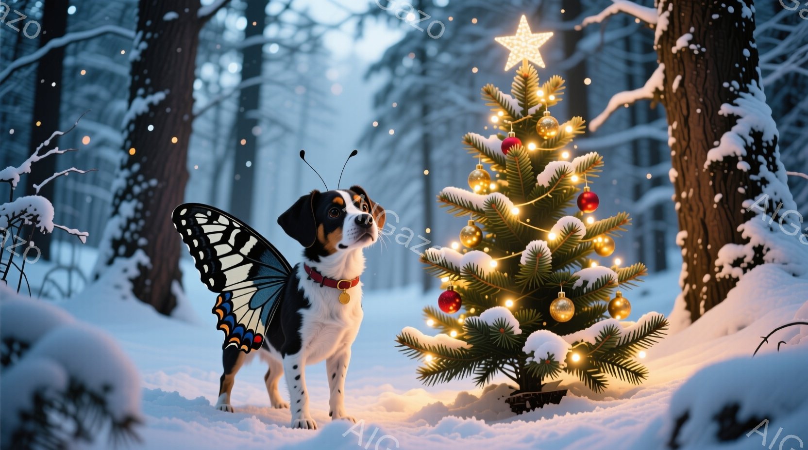 白と黒の犬が、蝶の羽をつけて雪景色の中に立っている。背景にはクリスマスツリーが飾られ、暖かい光を放っている。雪が舞い降りる冬の森の中で、犬は希望に満ちた表情で何かを見つめているようだ。