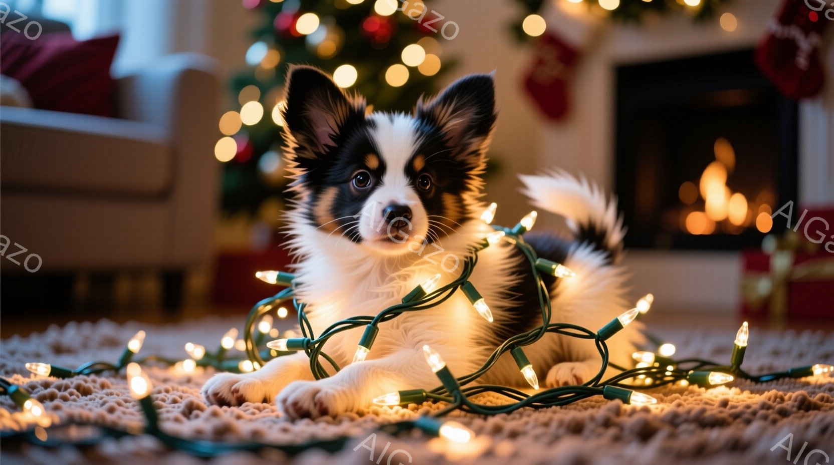 白と黒の毛並みの幼い犬が、カーペットの上にクリスマスツリーのイルミネーションに囲まれて横たわっています。犬はリラックスした表情で、暖かく居心地の良い雰囲気が漂っています。背景には、ぼんやりとクリスマス - AI生成フリー素材