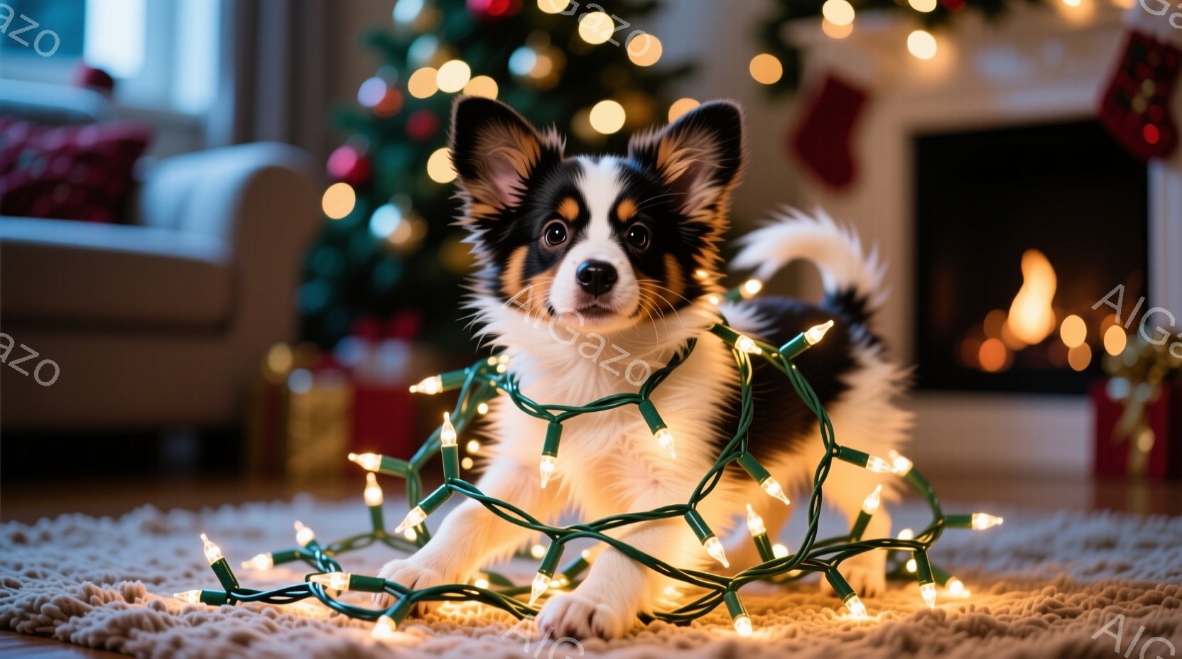 白と黒の毛並みを持つ子犬が、クリスマスツリーのイルミネーションライトに絡まっている様子が写っています。子犬は大きな瞳でカメラを見つめ、遊び心に満ちた表情をしています。背景には、暖炉の火や装飾されたクリ - AI生成フリー素材