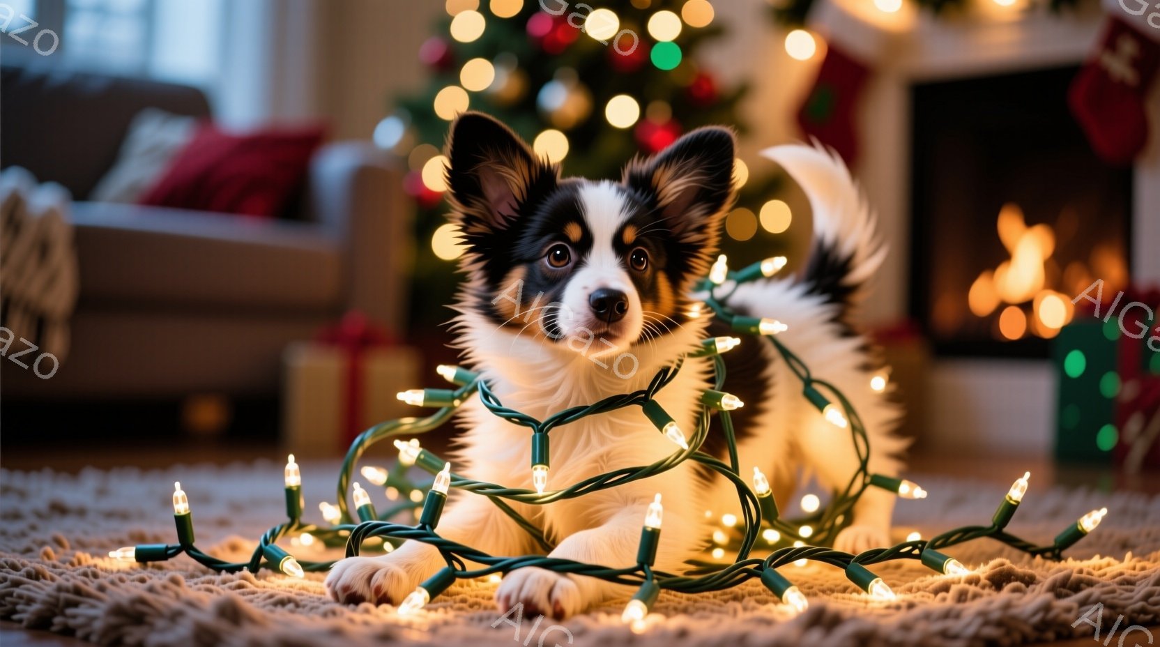 白と黒の毛並みを持つ小さな犬が、クリスマスツリーのイルミネーションの光る飾り付けに囲まれて、毛布の上に横たわっています。犬はカメラを見つめており、リラックスした、可愛らしい表情をしています。背景にはク - AI生成フリー素材