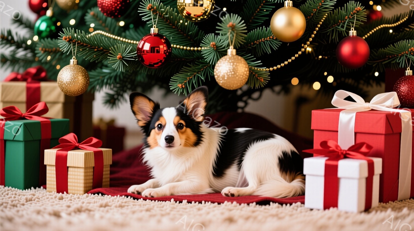 白と黒の毛並みを持つコーギー犬が、クリスマスツリーの下のプレゼントの山の中に横たわっています。プレゼントは緑、赤、白の包装紙で飾られ、赤いリボンがついています。背景には、装飾されたクリスマスツリーがぼ - AI生成フリー素材