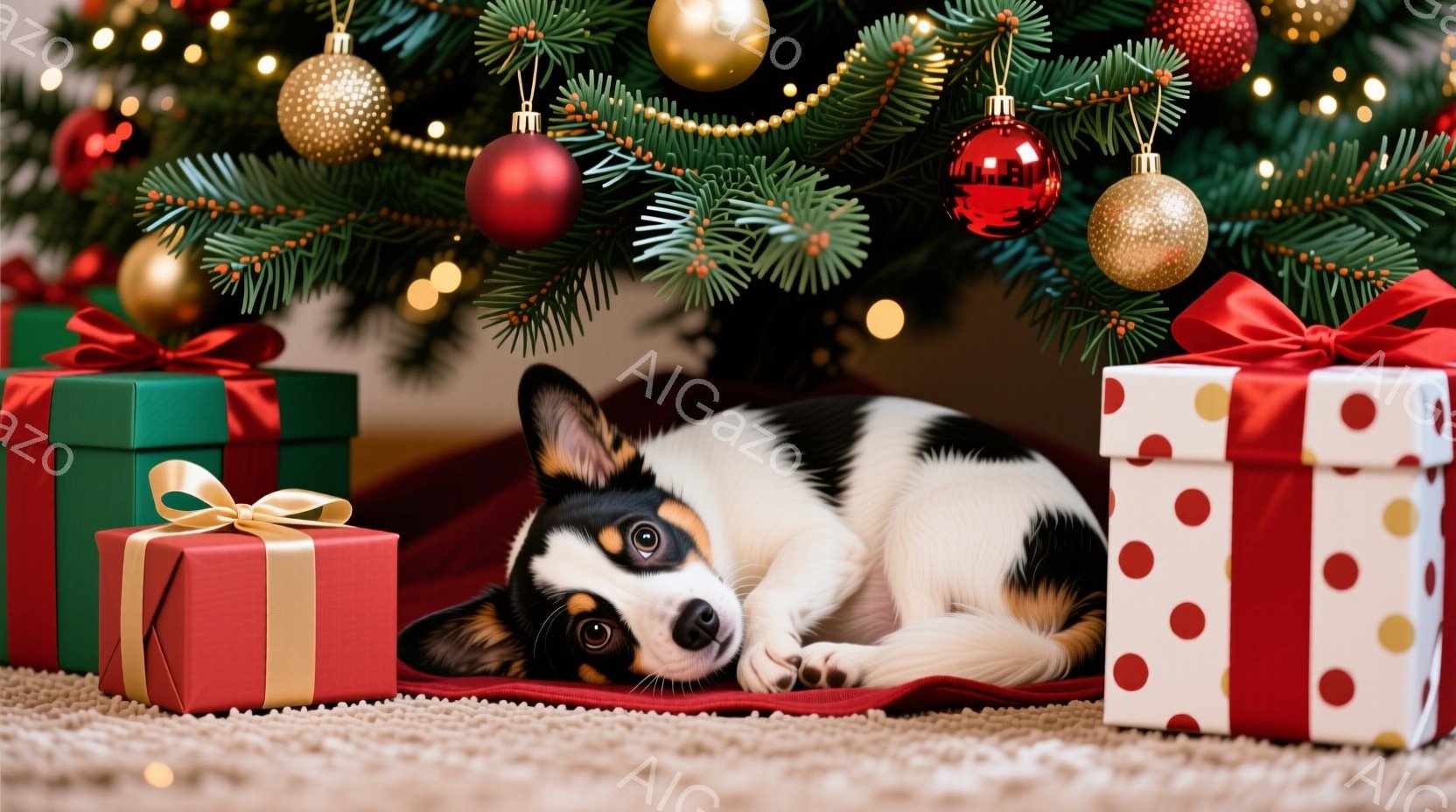 白と黒の毛並みの小さな子犬が、クリスマスツリーの下に積み重ねられたプレゼントの間に横たわっています。プレゼントは赤と緑の包装紙で飾られ、金色のリボンが結ばれています。背景にはぼやけたクリスマスツリーの - AI生成フリー素材