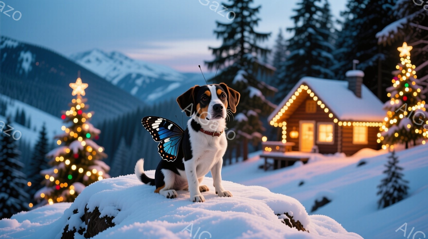 白と茶色の犬が雪の上に座っており、背中には青い蝶の羽が付いています。背景には、クリスマスツリーやイルミネーションで飾られた雪に覆われた家々が立ち並び、雪景色が広がっています。全体的に、暖かく、幻想的で - AI生成フリー素材