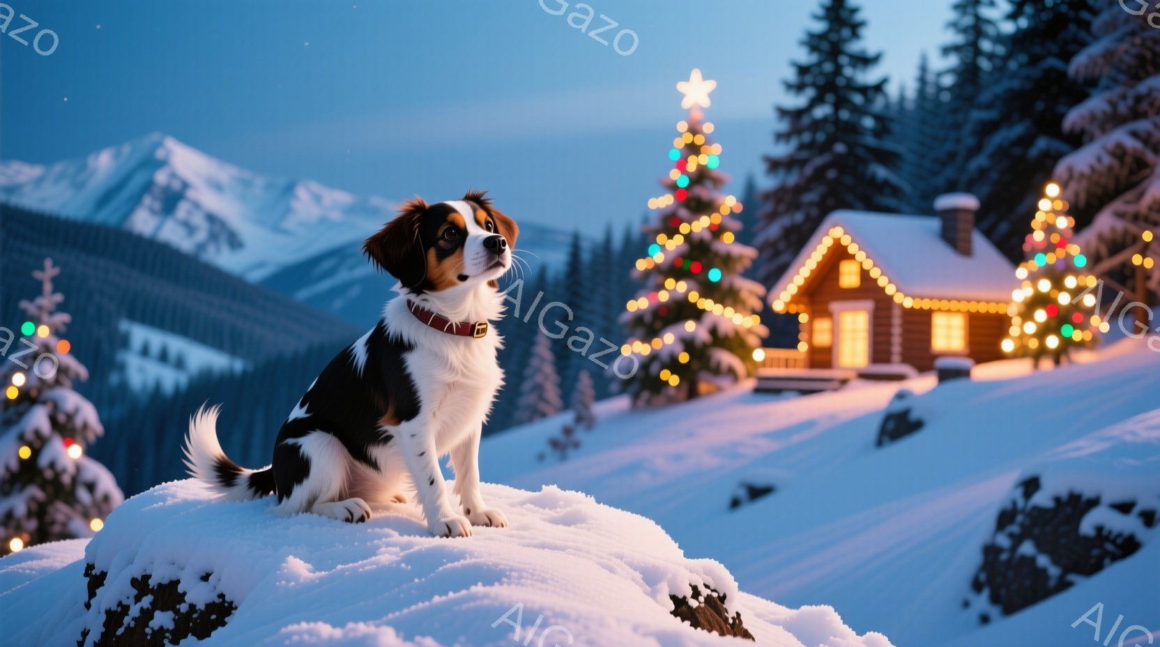 白と黒の毛並みを持つ犬が雪の上に座り、前方をまっすぐ見つめています。背景には、クリスマスツリーやイルミネーションで飾られた可愛らしい木造の家があり、雪山が広がっています。全体的に、冬の暖かく幻想的な雰 - AI生成フリー素材