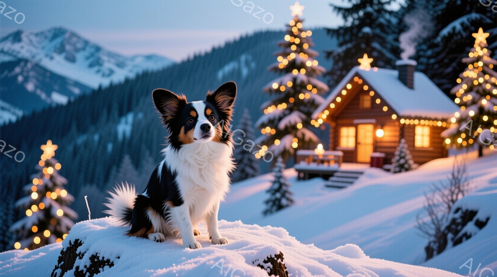 白と黒のボーダーコリーが雪の丘の上に座っており、正面を見て穏やかな表情を浮かべている。背景には、クリスマスの飾りでライトアップされた可愛らしい丸太小屋と、雪をまとった山々が広がり、幻想的な冬の風景を作り出している。全体的に暖かく、穏やかで、お祝いの雰囲気を感じさせる写真である。