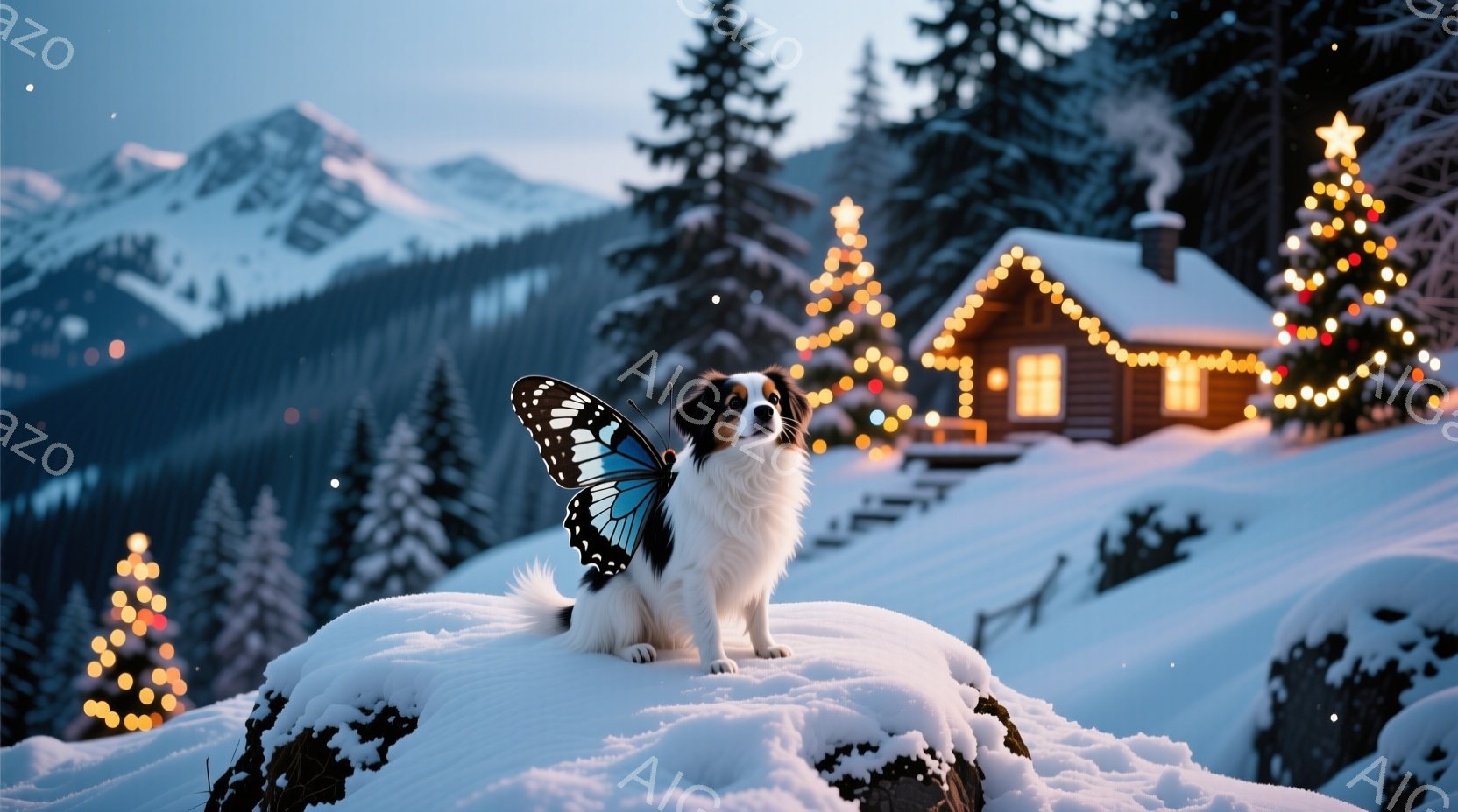 白い雪の上に、蝶の羽を付けた可愛らしい犬が座っています。背景には、温かい光で飾られた小さな山小屋と、雪をまとった緑豊かな山々が広がっています。全体的に、暖かく幻想的な冬の雰囲気が漂っています。