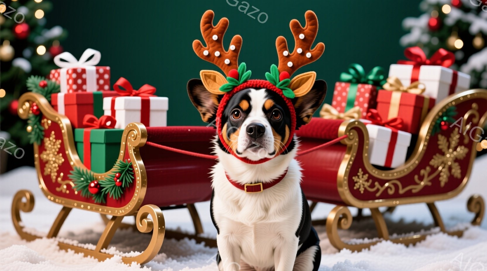 短毛のトライカラーの犬が、クリスマス風のソリの前に座っています。頭にはトナカイの角の飾りをつけており、正面を見つめて少し微笑んでいるように見えます。背景にはプレゼントの山と緑色の背景があり、雪が降って - AI生成フリー素材