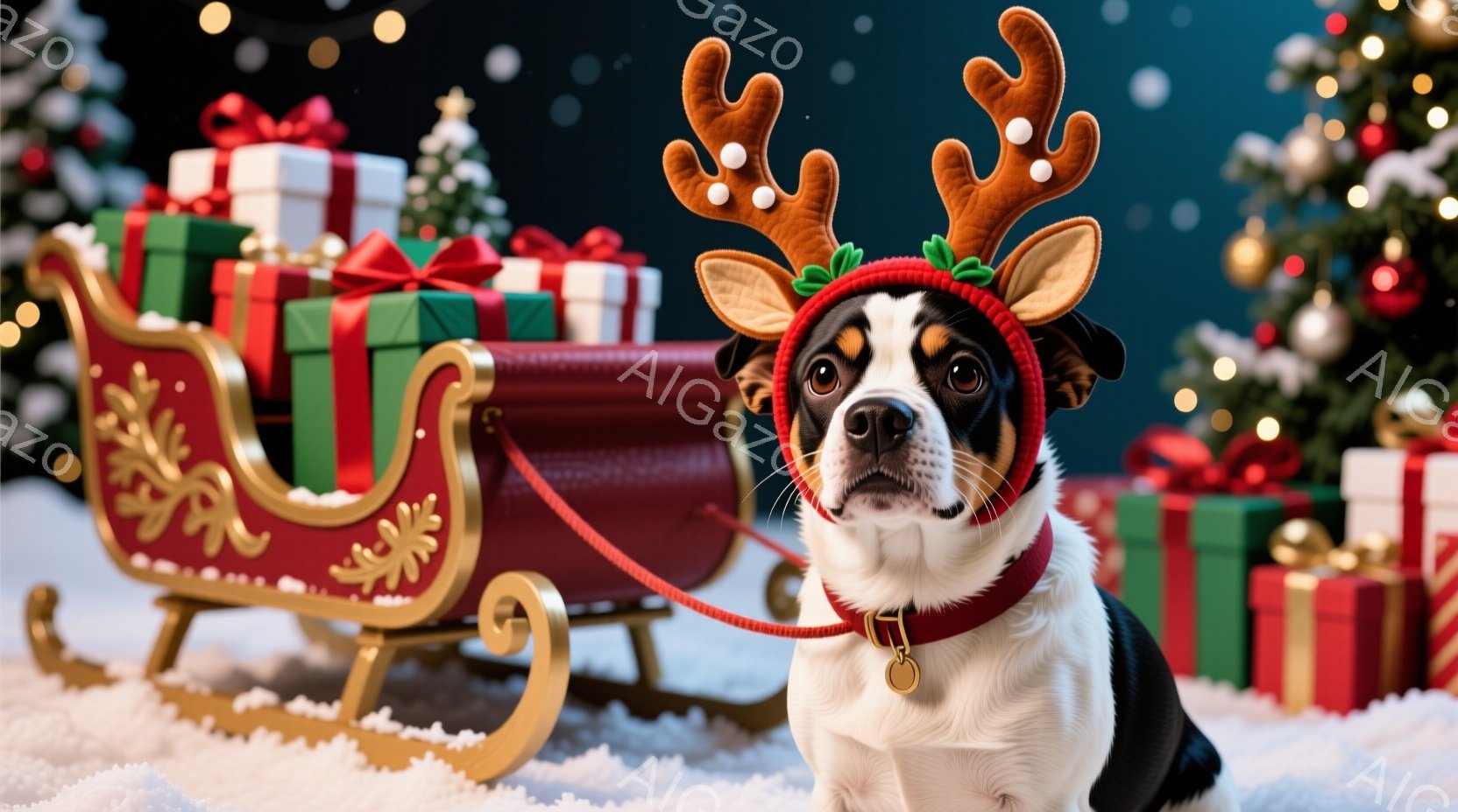 白と黒の犬が、赤いトナカイの角の頭飾りをつけて正面を見つめています。背景には、プレゼントの箱が積み上げられ、赤いそりが雪の上に置かれています。全体的に、クリスマスの祝祭的な雰囲気が漂っており、暖かく幸せな気分になります。