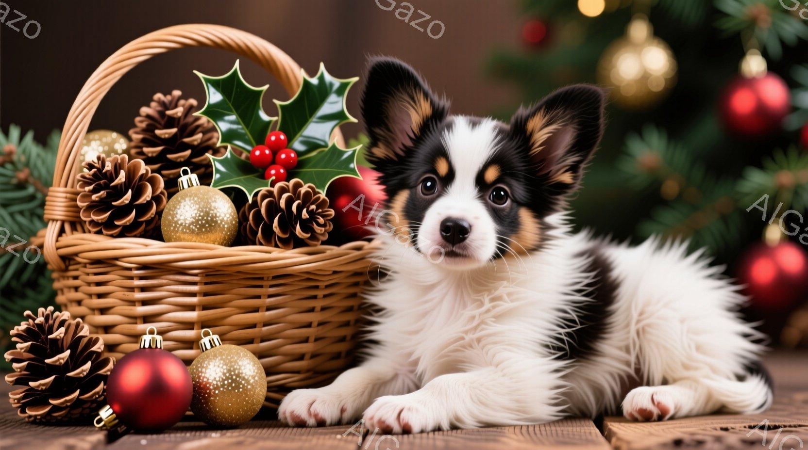 白と黒の毛並みを持つ、愛らしい子犬が、クリスマスオーナメントと松ぼっくりでいっぱいのバスケットの横に横たわっています。子犬はカメラに向かって少し上を見つめ、好奇心と無邪気な表情を浮かべています。背景に - AI生成フリー素材