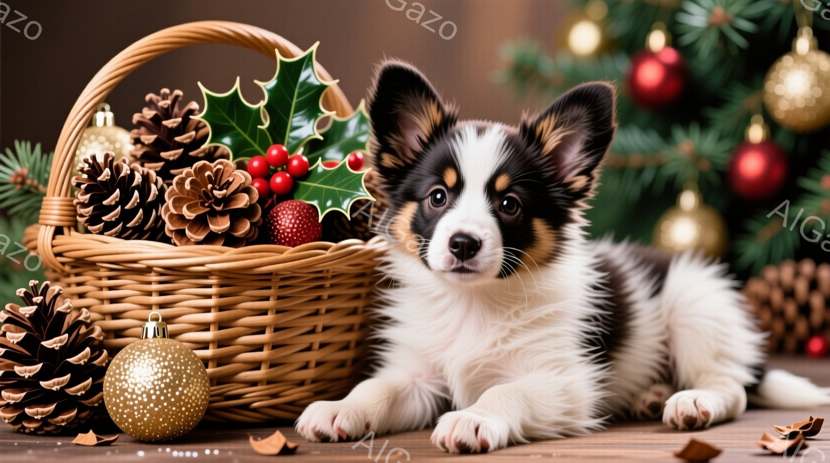 白と黒の毛並みを持つ子犬が、クリスマスオーナメントと松ぼっくりが入った籠の横に横たわっています。子犬は正面を見ており、穏やかで愛らしい表情をしています。背景にはクリスマスツリーがぼんやりと見え、暖かく - AI生成フリー素材