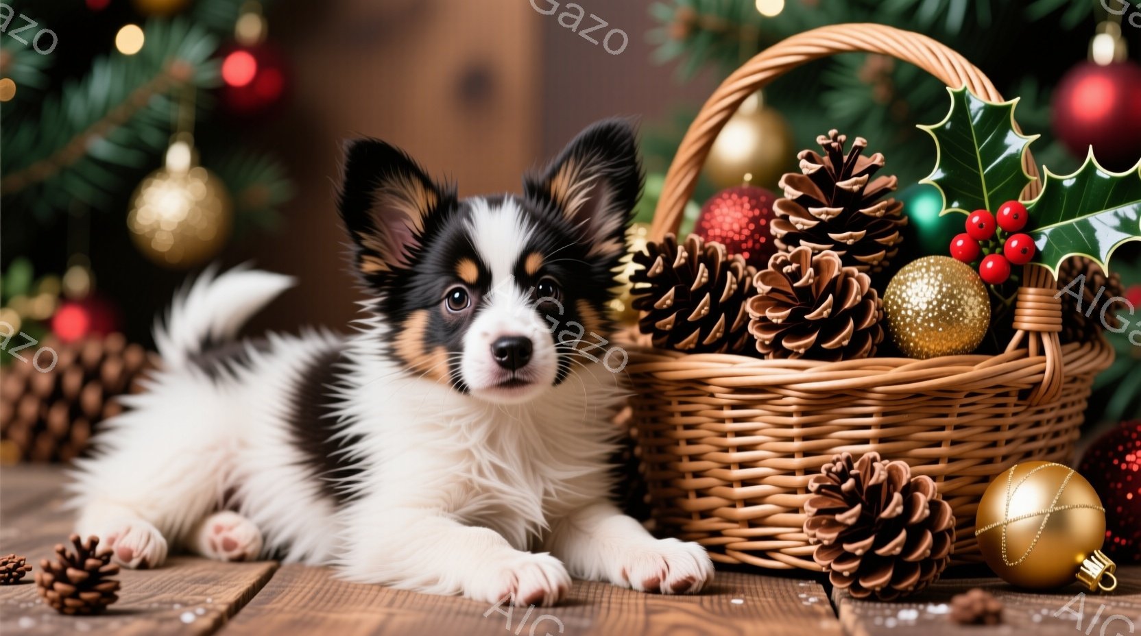 白と黒の毛並みを持つ子犬が、木の板の上に横たわっています。子犬は正面を見ており、少し好奇心に満ちた表情をしています。背景には、装飾されたクリスマスツリーと、松ぼっくりやオーナメントが詰まったバスケット - AI生成フリー素材