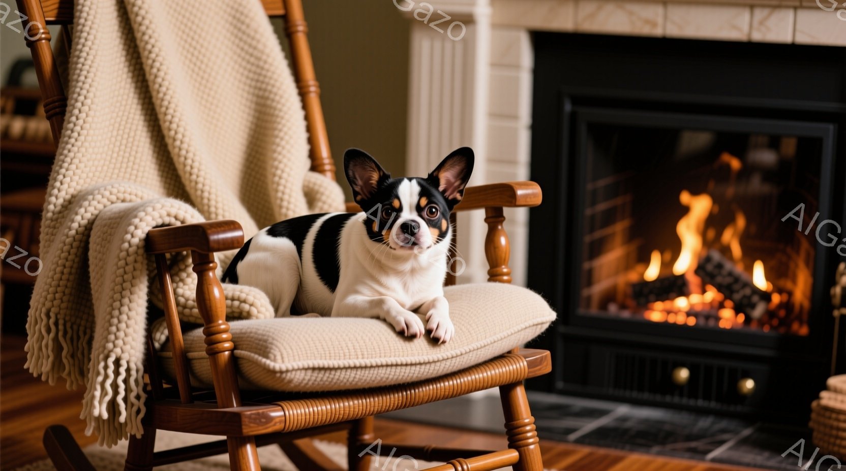 白と黒の毛並みのチワワが、クリーム色のクッションが置かれたロッキングチェアにゆったりと座っています。背景には暖炉があり、炎が暖かく燃え、部屋全体を温かい雰囲気で満たしています。ロッキングチェアの隣にはバスケットが見え、暖炉のそばでリラックスした穏やかな冬の日の情景が広がっています。
