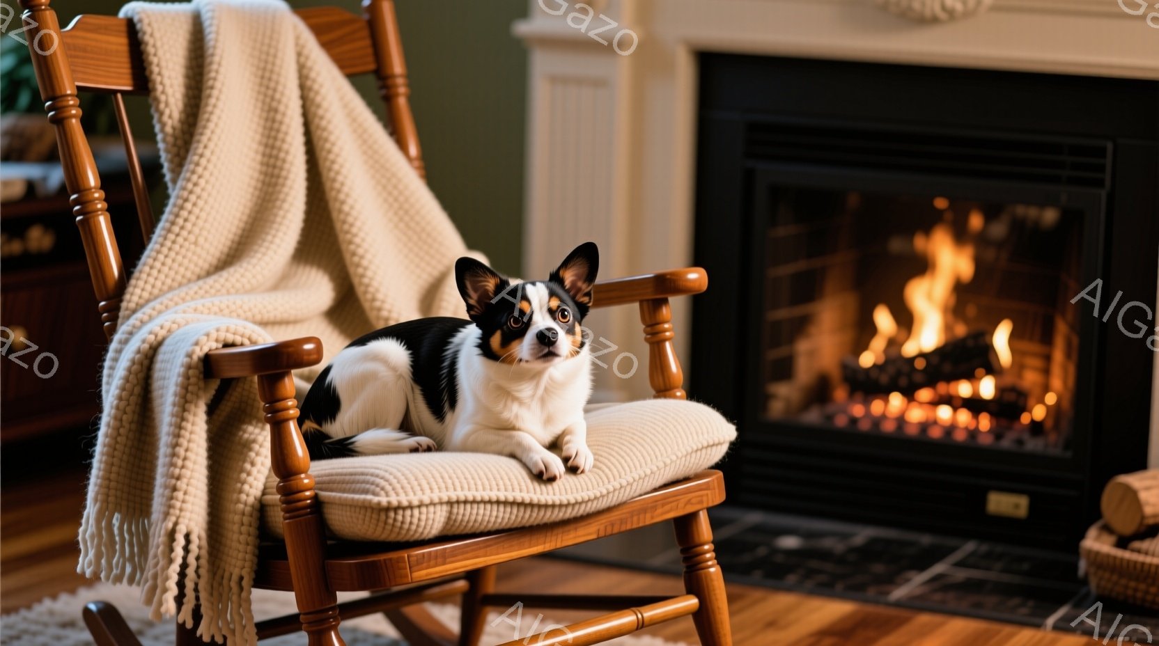 白と黒の毛並みを持つ小型犬が、ベージュ色のブランケットがかけられたロッキングチェアにゆったりと座っています。暖炉の炎が背景に見え、部屋全体が温かく穏やかな雰囲気です。木製の床と暖炉の石造りの壁が、居心地の良い空間を強調しています。