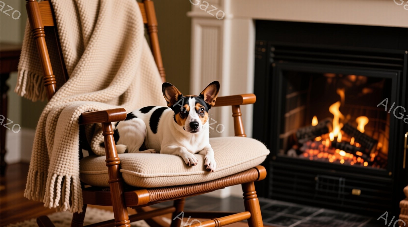 揺り椅子に白いパッチのある茶色の犬がリラックスして横たわっています。犬はカメラに向かって鋭い視線を送っており、落ち着いた表情をしています。背景には暖炉があり、火が燃えており、室内は温かく居心地の良い雰囲気を醸し出しています。