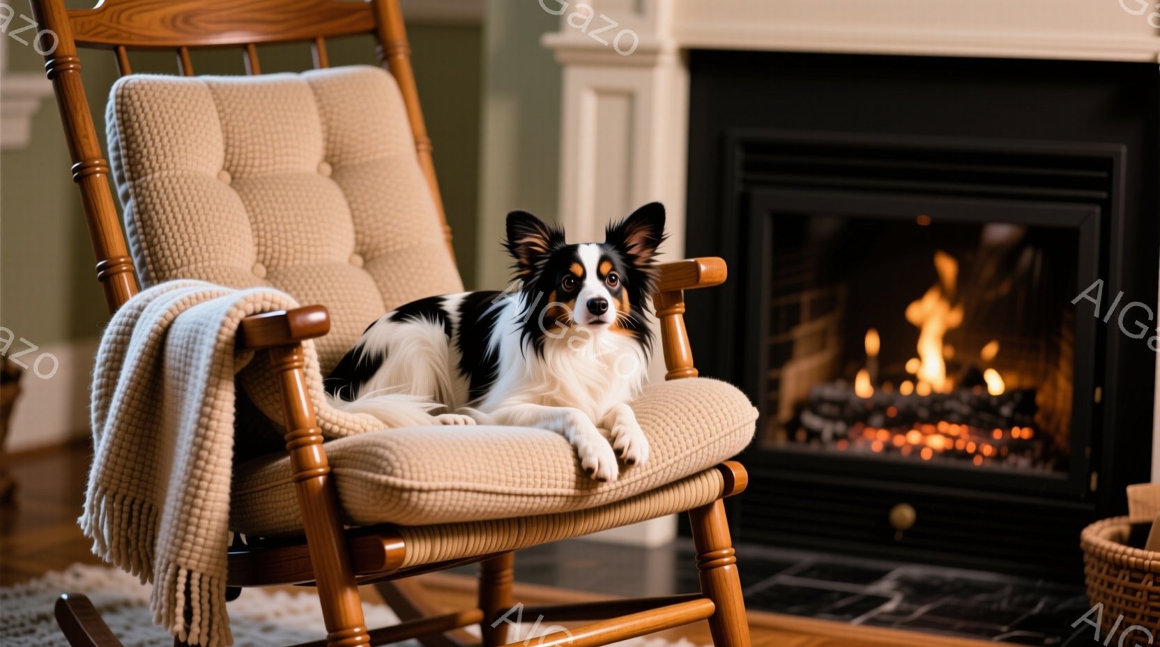 白と黒の模様の小型犬が、ベージュ色のクッションが張られたロッキングチェアにゆったりと座っています。暖炉の炎が背景に見え、部屋全体が温かく穏やかな雰囲気を醸し出しています。ロッキングチェアにはアイボリー - AI生成フリー素材