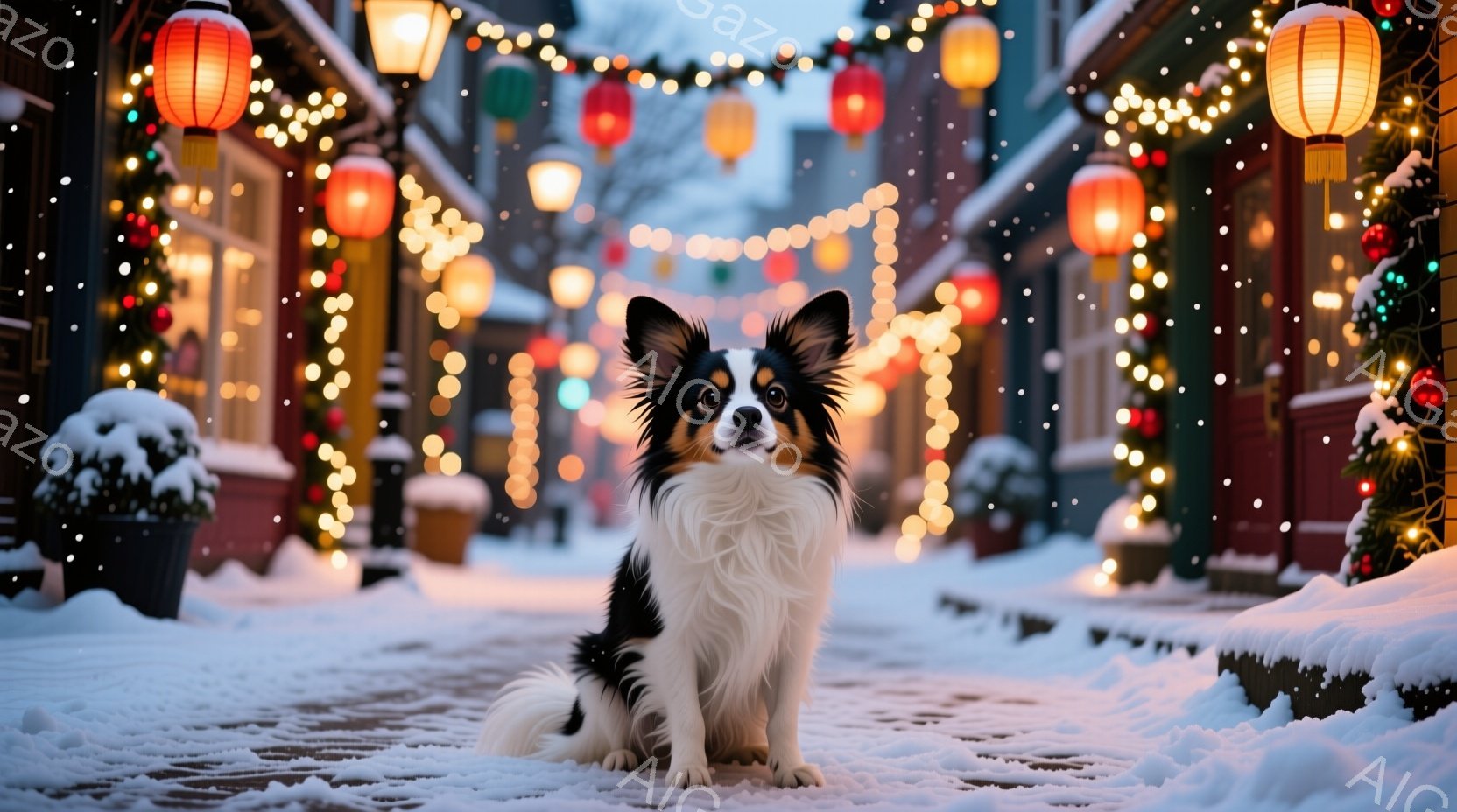白と黒の毛並みを持つ、美しいボーダーコリーが雪の積もった石畳の道に座っています。背景には、クリスマスイルミネーションが輝き、暖かく幻想的な雰囲気を醸し出しています。雪が舞い降り、冬の静けさと祝祭の喜び - AI生成フリー素材