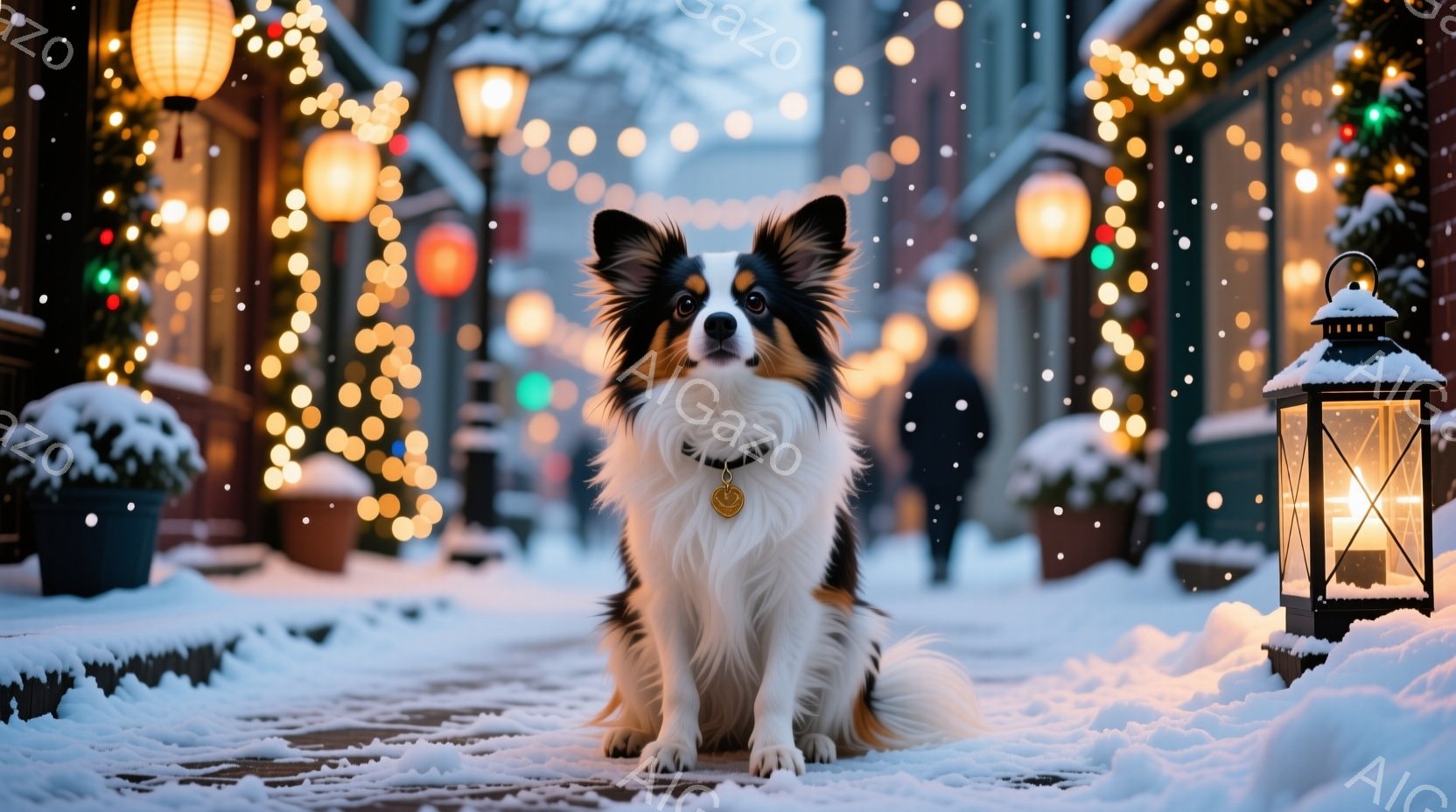 白と黒の毛並みに茶色のアクセントが入った、美しいボーダーコリーが雪に覆われた石畳の道に座っています。背景には、キラキラと輝く電飾と、ぼんやりと見える人影があり、冬の暖かいお祭りのような雰囲気を醸し出しています。雪が舞い、全体的に幻想的で穏やかな印象を与えます。