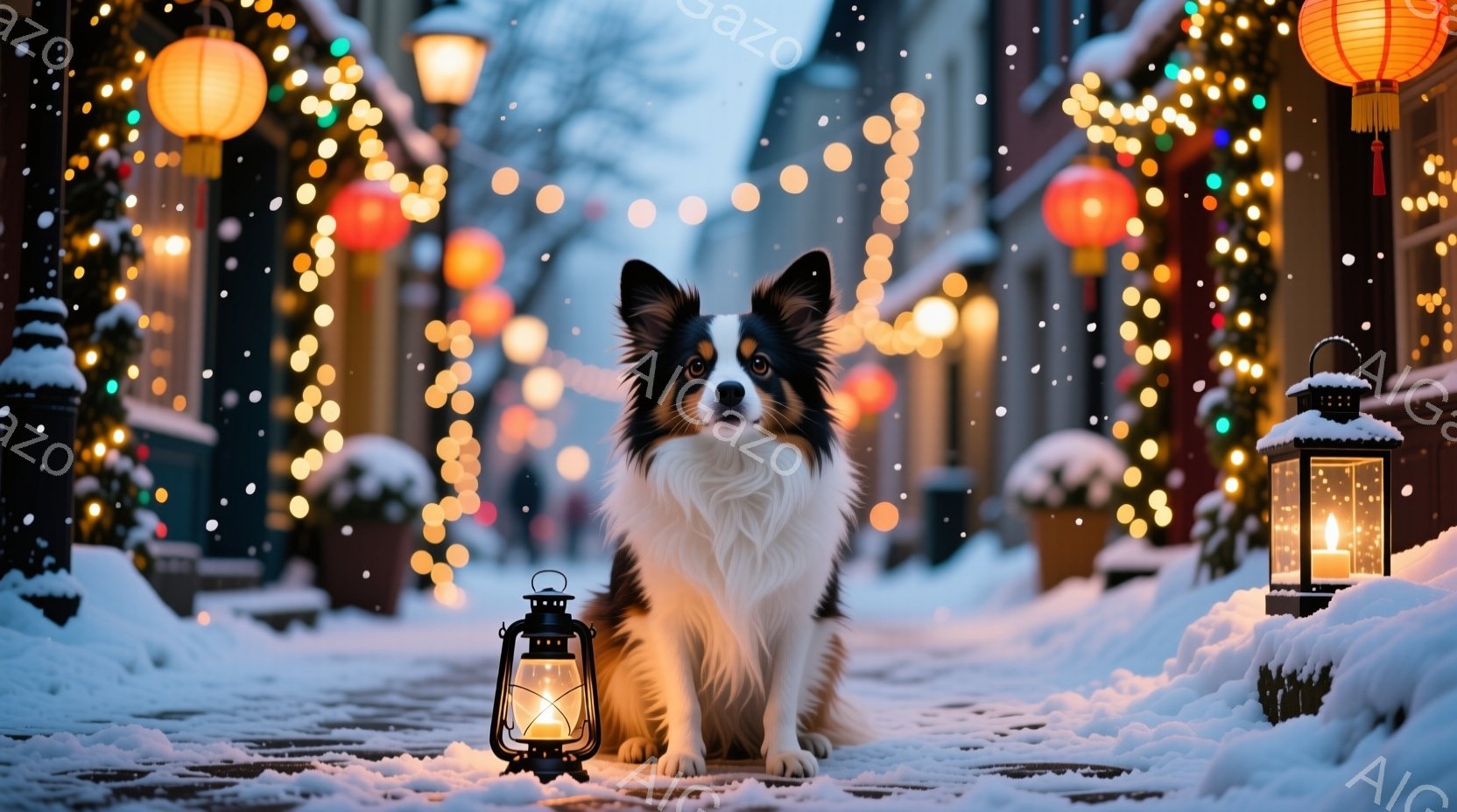 白と黒の毛並みの犬が雪で覆われた石畳の道に座っている。背景には、カラフルな提灯や電飾で飾られた建物が並び、雪が舞っている。暖かく幻想的な雰囲気で、冬の夜の穏やかな情景が描かれている。 - AI生成フリー素材