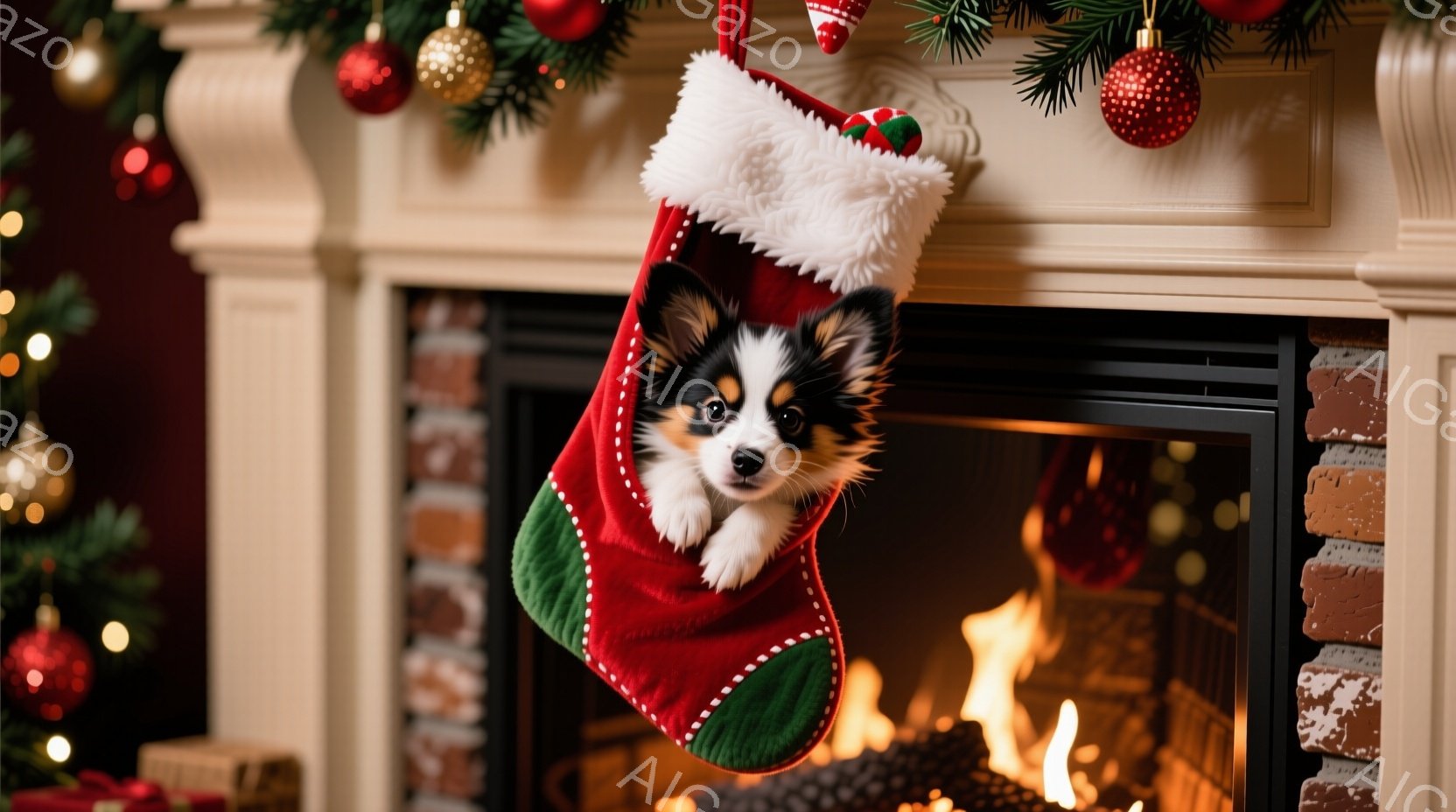 クリスマスソックスの中に子犬が入っています。子犬は白、黒、茶色の毛並みで、少し驚いたような表情をしています。背景には、暖炉の火とクリスマスツリーの飾りが見え、温かくお祝いの雰囲気です。