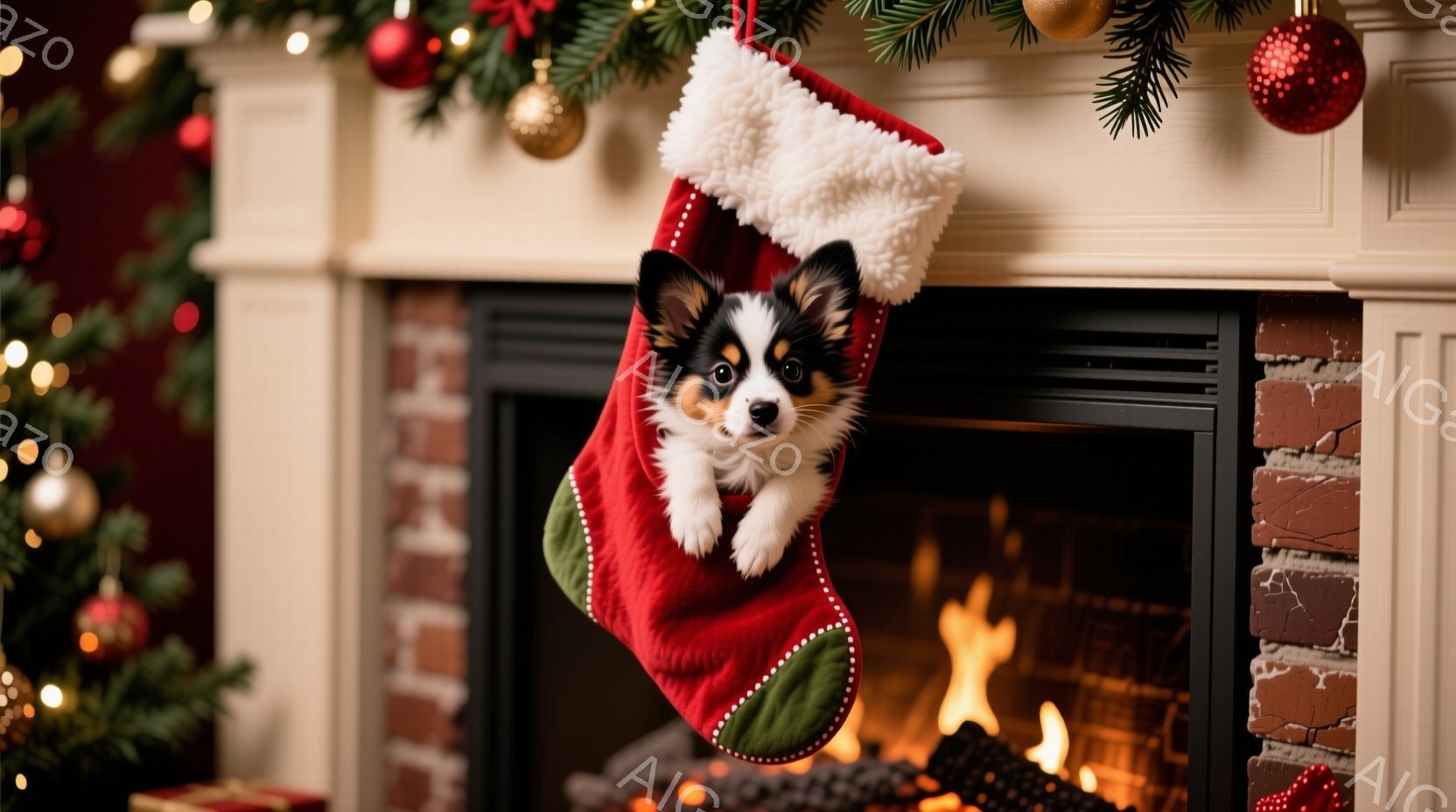 赤いクリスマスストッキングの中に、可愛らしい子犬が顔を出しています。子犬は黒と白の毛並みで、好奇心いっぱいの表情をしています。背景には暖炉があり、炎が燃えており、クリスマスの温かく居心地の良い雰囲気を醸し出しています。