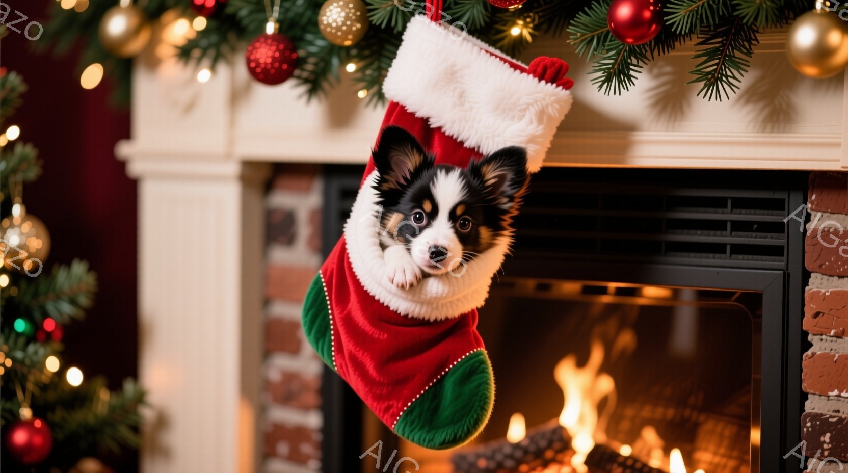 赤いクリスマスストッキングの中に、ふわふわの黒と白の毛並みを持つ子犬が顔を出しています。子犬は好奇心旺盛な表情で、少しだけストッキングから顔を出し、周りのクリスマスの装飾を見ているようです。背景にはレ - AI生成フリー素材