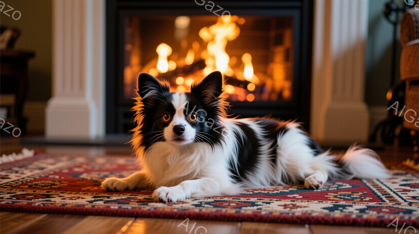 白と黒の毛並みを持つ、可愛らしい犬が赤い絨毯の上に横たわっています。その表情は穏やかで、カメラに向かって少しだけ視線を送っています。背景には暖炉があり、炎が灯り、部屋全体を温かく照らしています。