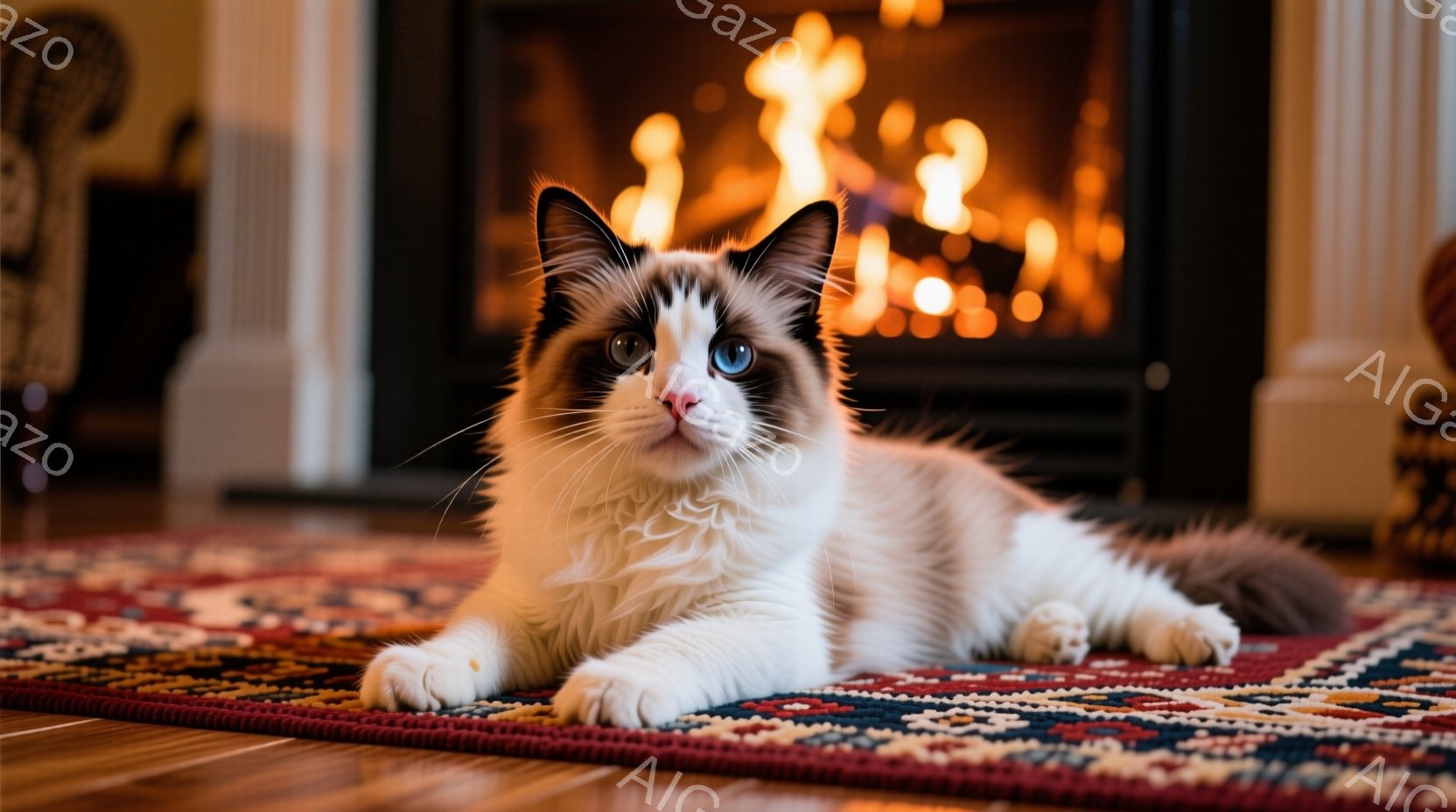白と茶色の毛並みが美しいシャムミックスの猫が、赤い絨毯の上でゆったりと横たわっています。猫はカメラの方を見ており、その瞳は鮮やかなブルーで、穏やかでリラックスした表情を浮かべています。背景には暖炉があり、炎が燃えており、温かく居心地の良い雰囲気を作り出しています。