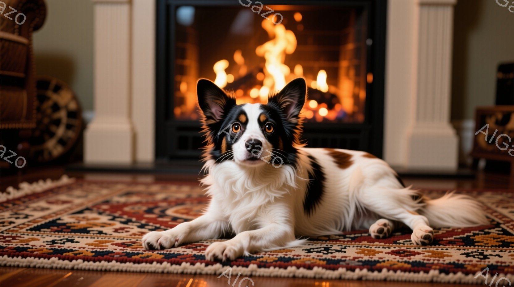 白と黒のボーダーコリーが、色とりどりのペルシャ絨毯の上でリラックスして横たわっています。暖炉が背景にあり、炎が暖かく輝き、部屋全体を優しく照らしています。木のフローリングと暖炉の白いフレームが、居心地の良い家庭的な雰囲気を醸し出しています。