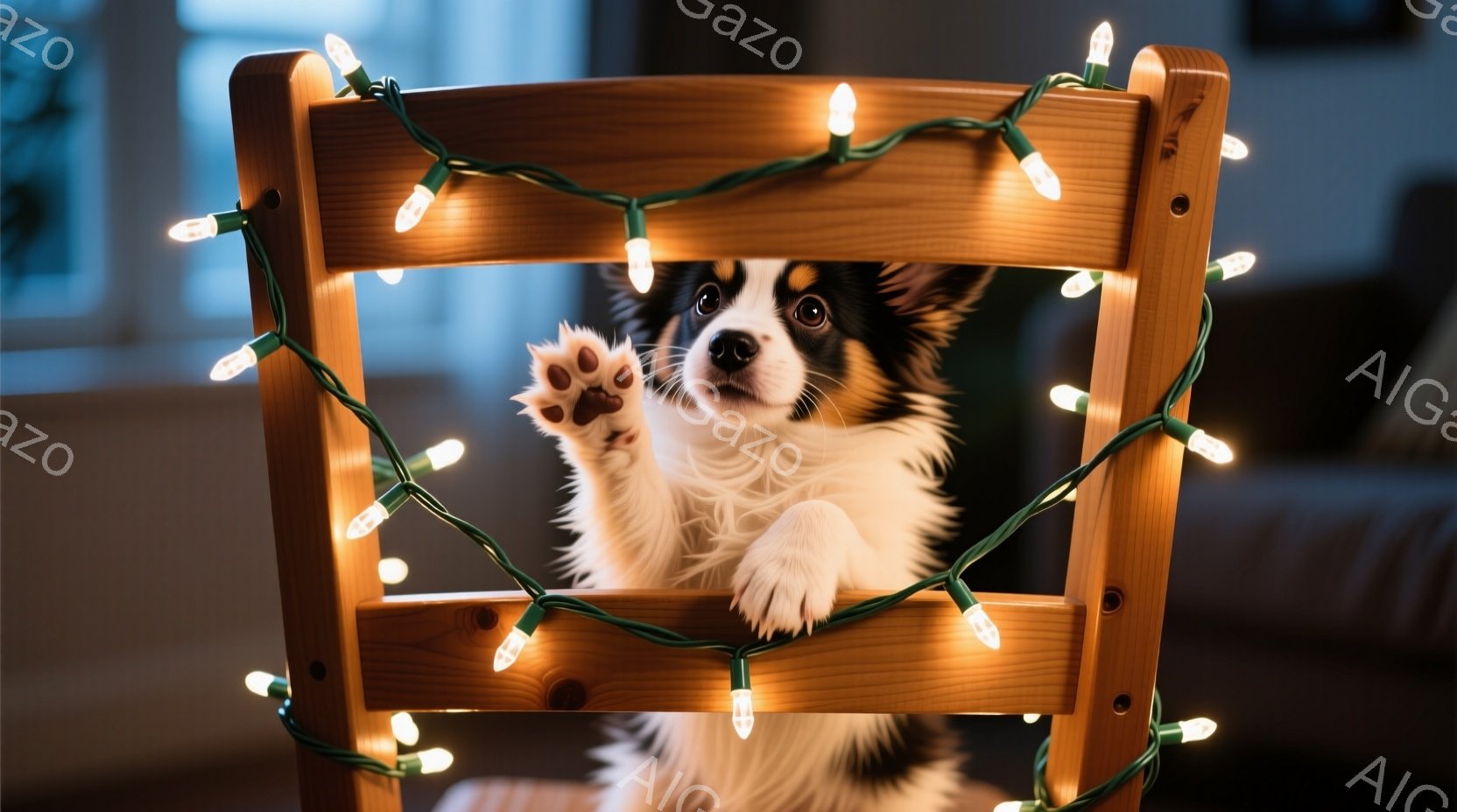 白と黒の毛並みで、正面を見つめる子犬が、木の椅子から片手を伸ばしています。暖色のクリスマスライトが椅子の周りを飾り、背景はぼやけた室内で、穏やかで遊び心のある雰囲気を醸し出しています。子犬は好奇心旺盛 - AI生成フリー素材
