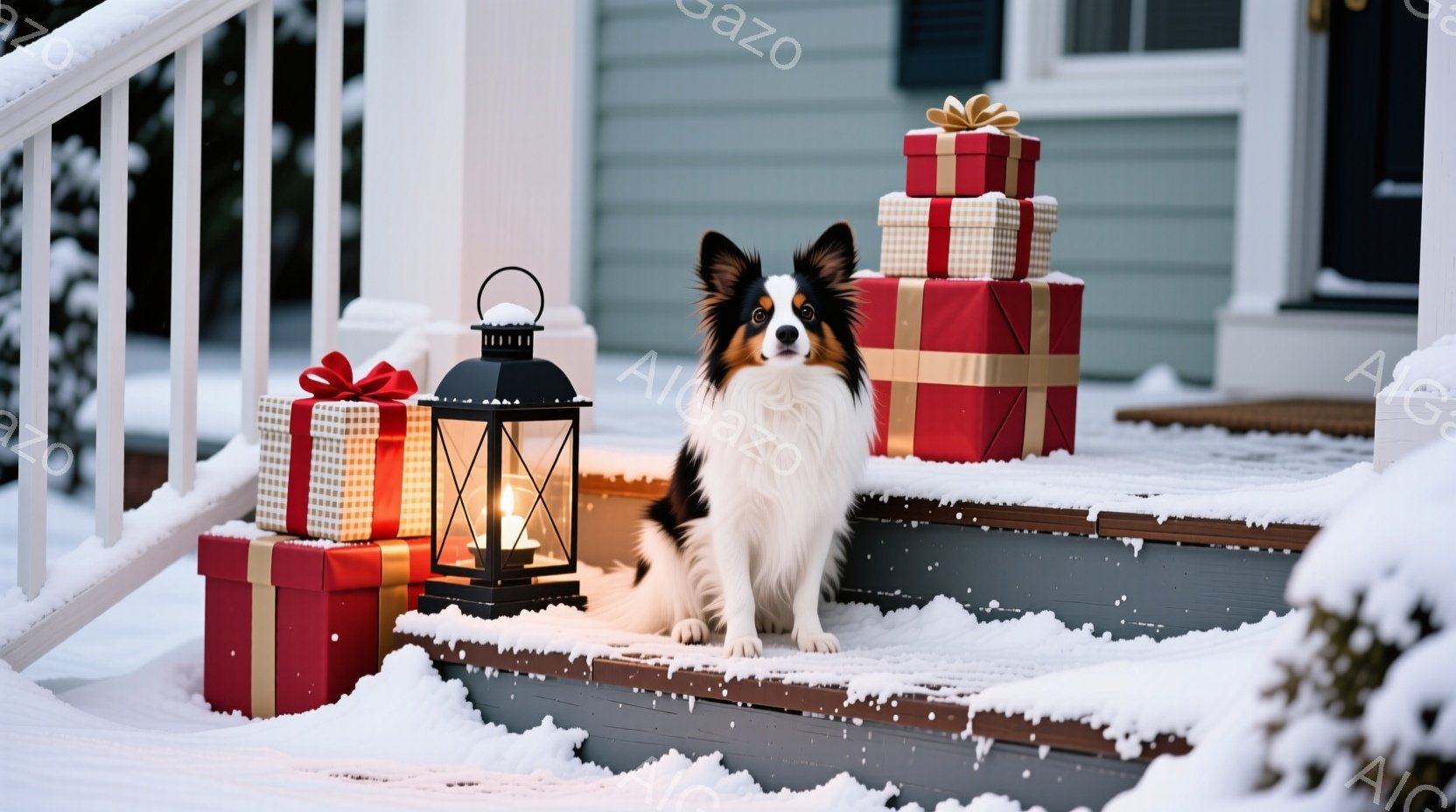 白と黒の毛並みをした犬が、雪の積もった家の階段に座り、赤色の包装紙で包まれたプレゼントの山を見つめています。背景には薄暗い光を放つランタンがあり、雪景色と相まって温かく穏やかなクリスマスの雰囲気を醸し - AI生成フリー素材