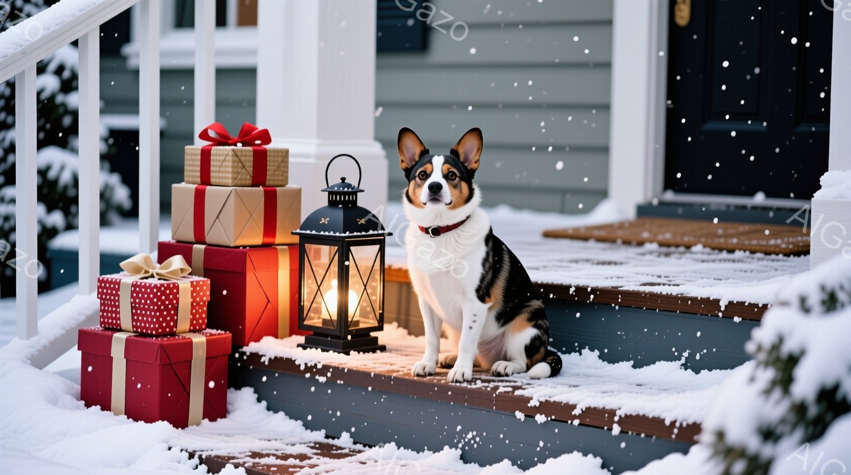 雪が降る家の外階段に、プレゼントの山と提灯が置かれ、ウェルシュ・コーギーが座っています。コーギーは黒と白の毛並みで、赤い首輪をつけており、少し緊張した表情で正面を見ています。背景には、雪で覆われた家と暗い空が広がり、クリスマスの温かく静かな雰囲気を醸し出しています。