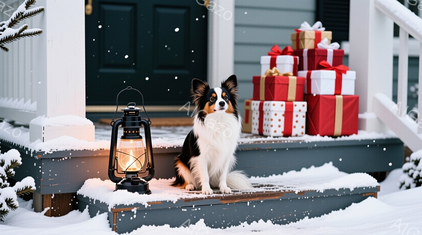 白と黒の毛並みの犬が、雪に覆われた家のステップに座っています。その隣には、赤いリボンと包装紙で飾られたプレゼントの山が積み上げられ、暖かな光を放つランタンが置かれています。背景には雪が舞い、クリスマス - AI生成フリー素材