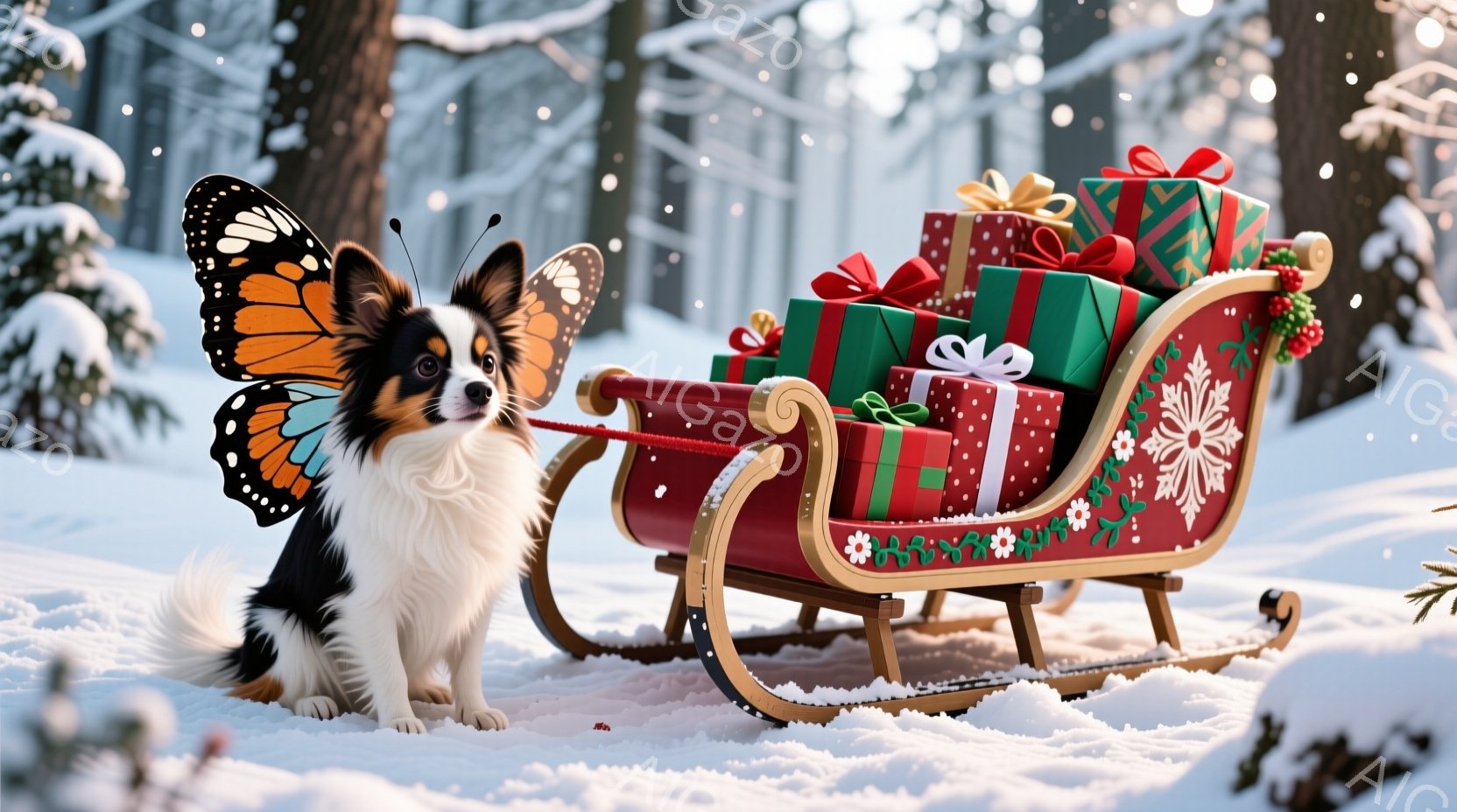 白と黒の毛並みに蝶の羽を持つ犬が、雪の上に座り、赤いそりに積まれたプレゼントを見つめています。そりは雪の中に置かれ、背景には雪で覆われた木々が見え、冬の静寂な雰囲気が漂っています。プレゼントは鮮やかな - AI生成フリー素材