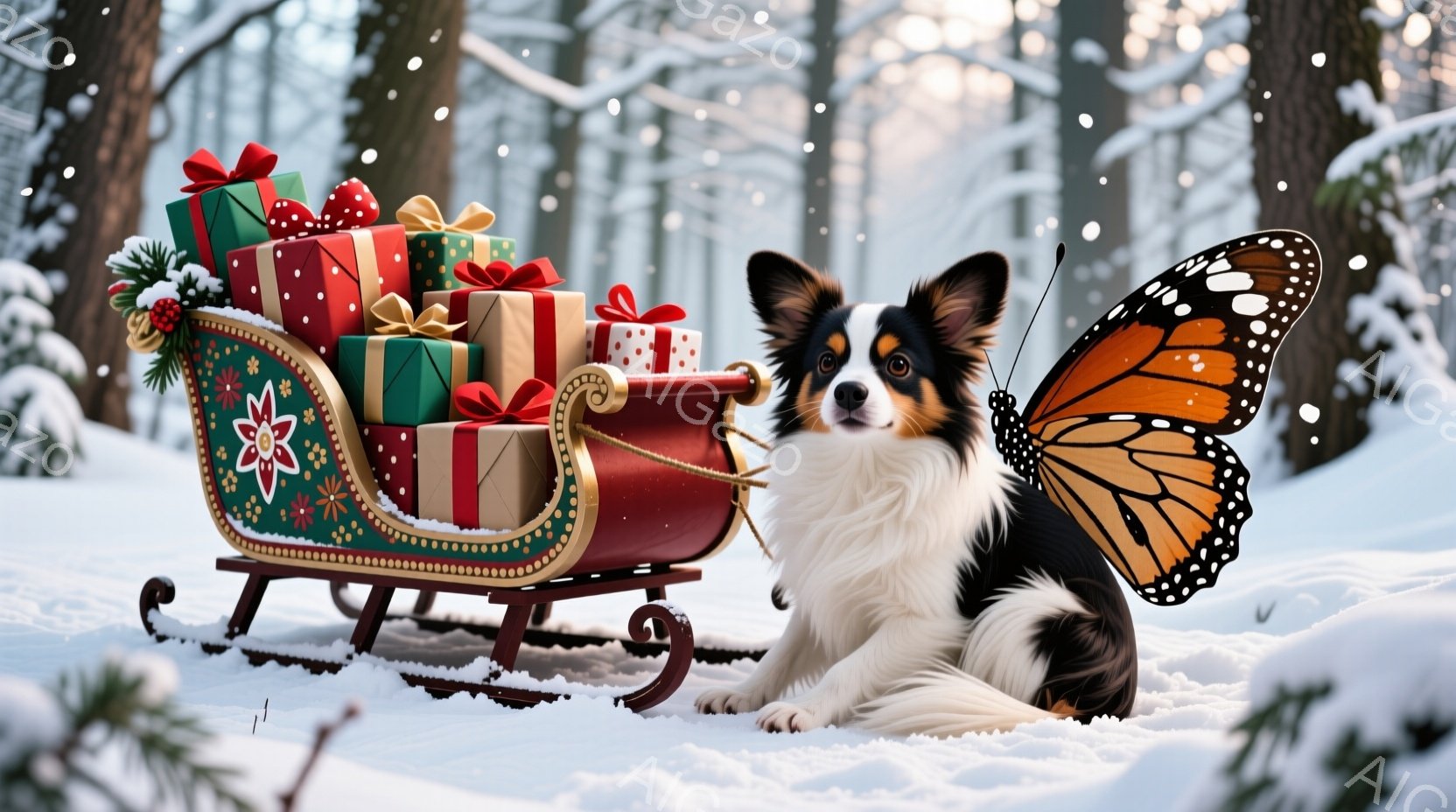 雪景色の中に、贈り物でいっぱいの小さなそりが置かれています。そばには、黒と白の毛並みを持つ犬が座っており、その視線はカメラに向いています。背景には木々が立ち並び、冬の静寂と温かいクリスマスの雰囲気が漂 - AI生成フリー素材