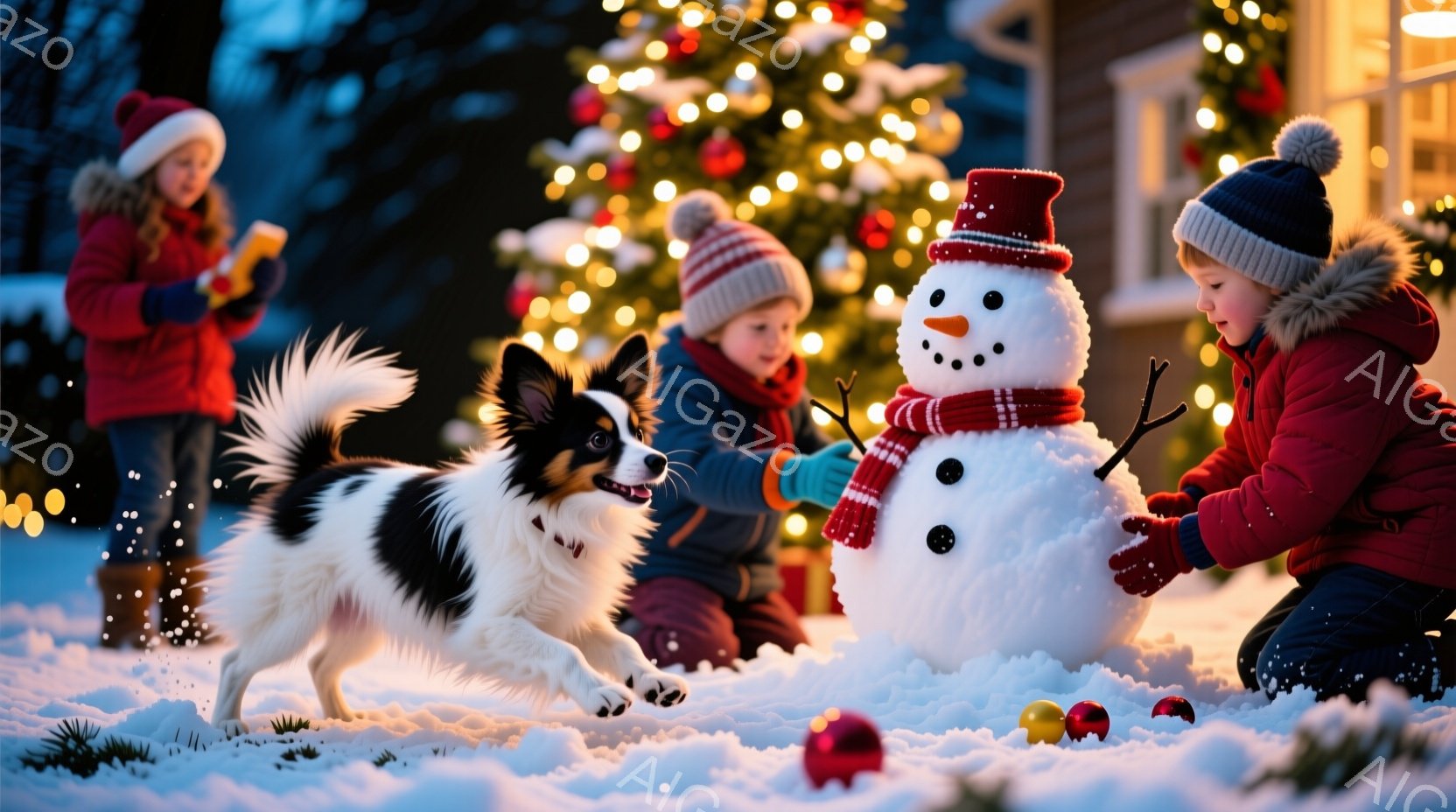 雪景色の中で、暖かい服装をした子供たちが雪だるまを作っています。一人の女の子は赤い帽子とジャケットを着て、もう一人の男の子は青い帽子とジャケットを着て、雪だるまに炭の目や口を飾り付けようとしています。 - AI生成フリー素材