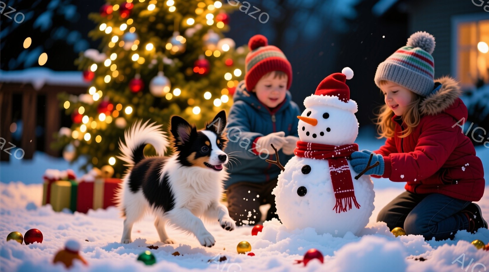 雪景色の中、少年と少女が雪だるまを作っています。少年は赤い帽子をかぶり、笑顔で雪だるまに枝の腕を付けており、少女はピンクの帽子と赤いジャケットを着て、雪だるまにニンジンの鼻を取り付けています。背景には - AI生成フリー素材