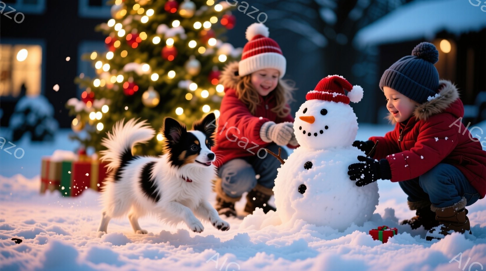 雪景色の中で、赤い帽子をかぶった女の子二人が雪だるまを作っています。片方の女の子は明るい笑顔で雪だるまの顔を飾り付け、もう片方は嬉しそうに駆け寄る犬と遊んでいます。背景には、クリスマスツリーの光が輝き - AI生成フリー素材