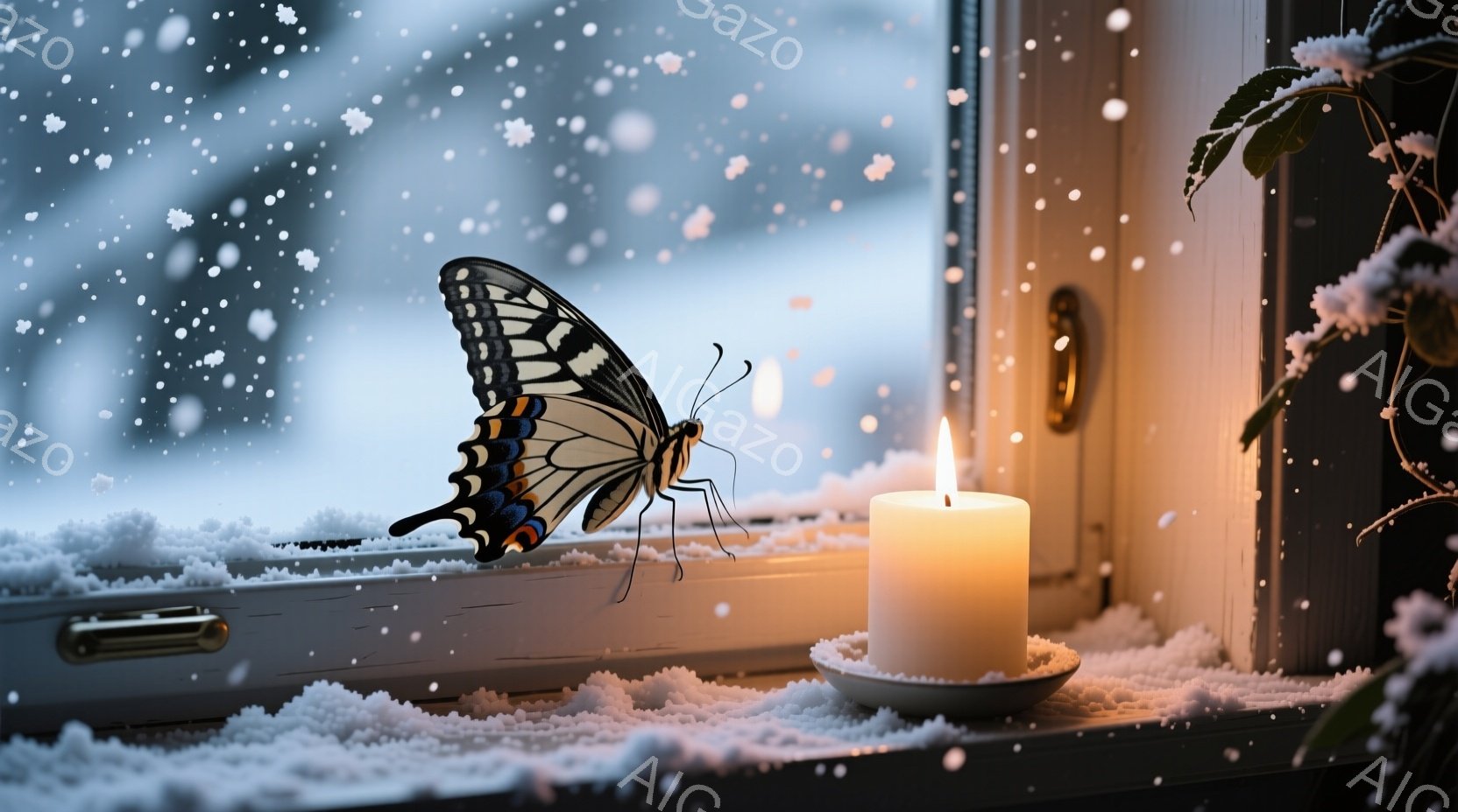 雪が降る冬の日に、窓辺に一匹の蝶がとまっている。窓枠には雪が積もり、白いキャンドルが灯されて暖かく、静謐な雰囲気を醸し出している。蝶の鮮やかな色彩が、雪景色の中で際立っている。