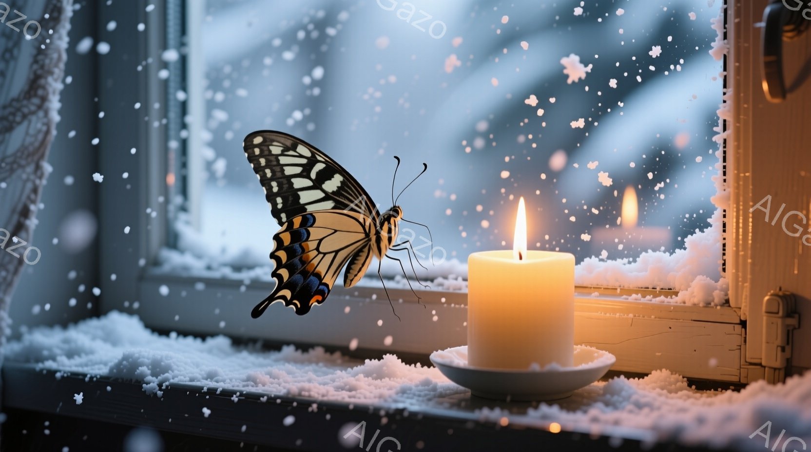雪が降る冬の窓辺に、白いキャンドルが灯されています。キャンドルのそばには、鮮やかな黄と黒の模様を持つ蝶が止まっており、もう一つのぼんやりとしたキャンドルの光が背後から照らしています。窓枠には雪が積もり - AI生成フリー素材