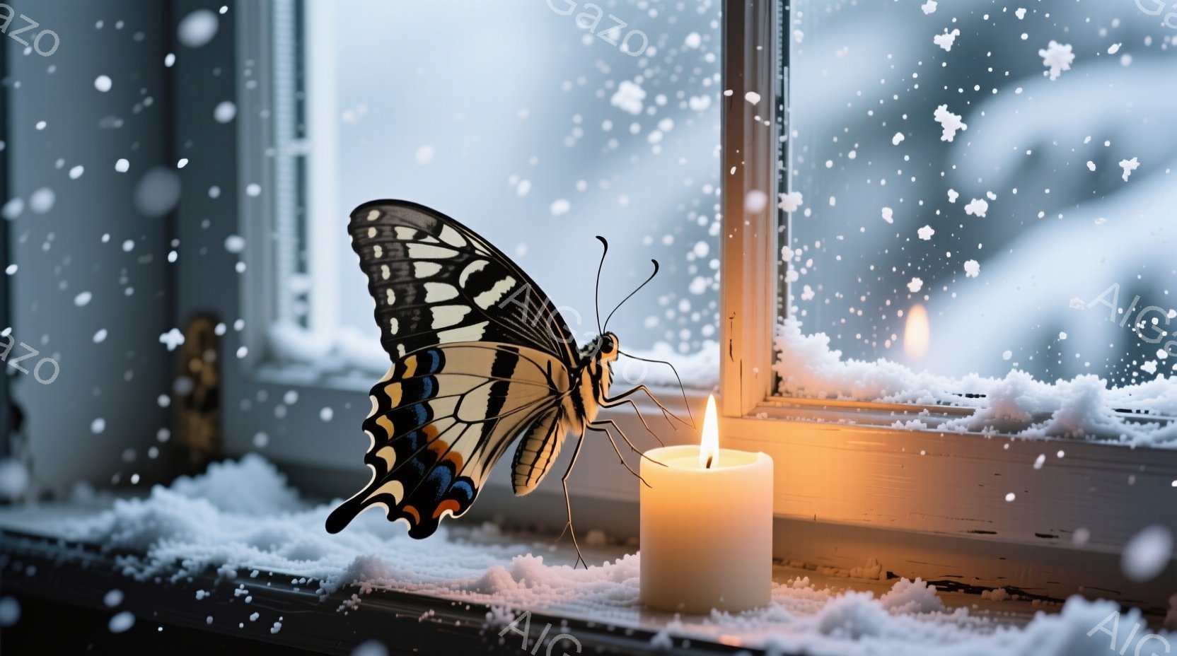 窓辺に降り積もる雪の上に、鮮やかな模様の蝶がろうそくの炎に寄り添う様子が捉えられています。ろうそくの優しい光が蝶の翅を照らし、雪景色と相まって、静かで幻想的な雰囲気を醸し出しています。背景は雪に覆われた風景がぼんやりと見え、冬の寒さの中の温もりを感じさせる一枚です。