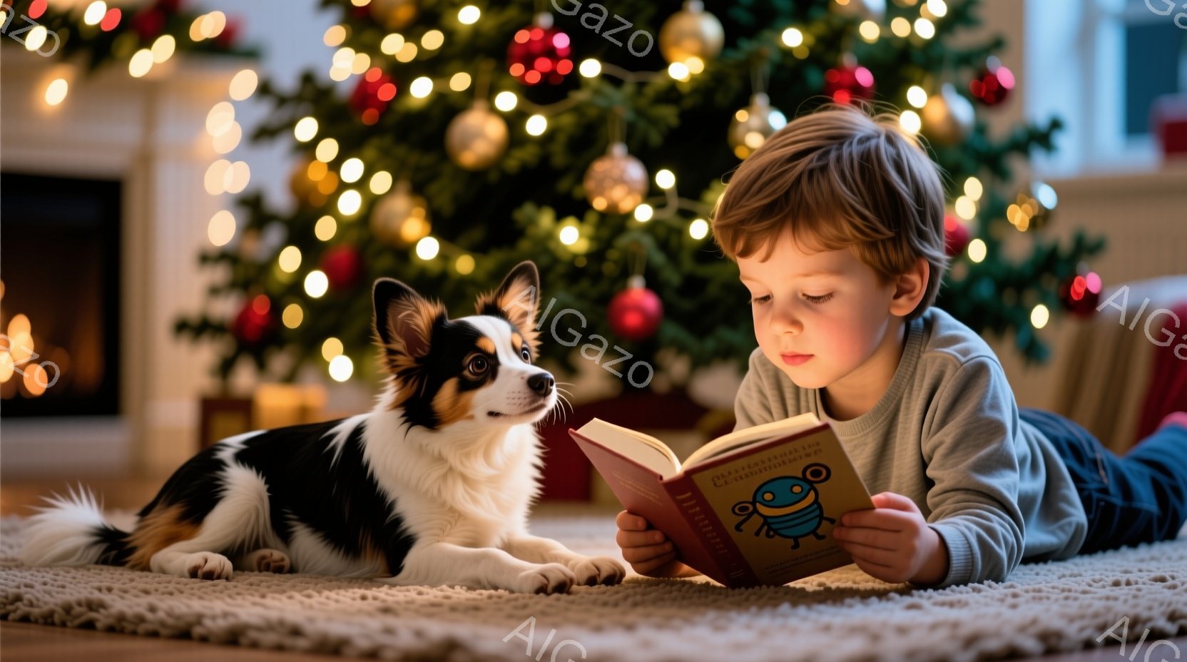 少年はカーペットの上にうつ伏せになり、本を熱心に読んでいます。彼は灰色のセーターを着ており、明るい茶色の髪は少し無造作に整えられています。背景にはクリスマスツリーが飾られ、温かく穏やかな家庭的な雰囲気が漂っています。