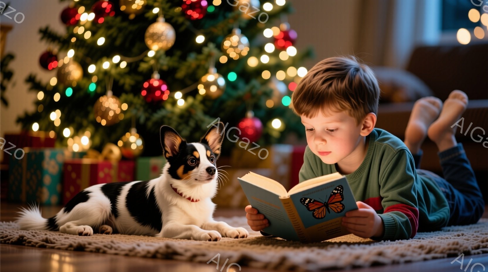 少年は、緑色の長袖シャツとズボンを身につけ、床に横たわり、本を熱心に読んでいる。黒と白の犬が少年の横に寄り添い、本に興味津々でじっと見つめている。背景には、装飾されたクリスマスツリーとプレゼントの箱があり、暖かく、居心地の良い雰囲気が漂っている。