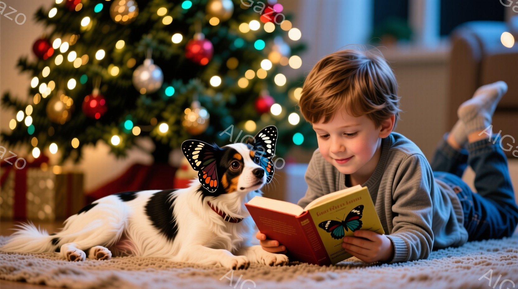 茶色の髪の少年がカーペットの上に横たわり、蝶の絵が描かれた本を熱心に読んでいます。黒と白の犬が少年の隣でリラックスしており、首輪をつけています。背景には、クリスマスツリーが飾られ、ぼんやりとした光が暖 - AI生成フリー素材