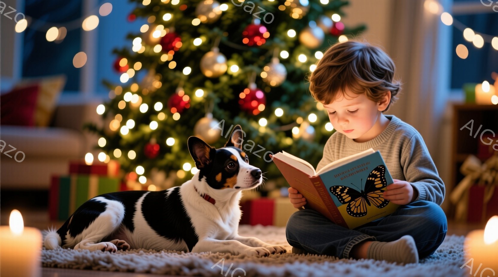 少年はカーペットの上に座り、膝の上に開いた本を抱えています。彼は濃い茶色の髪をしており、集中して本を読んでいる様子で、穏やかな表情を浮かべています。背景には、色とりどりのオーナメントで飾られたクリスマ - AI生成フリー素材