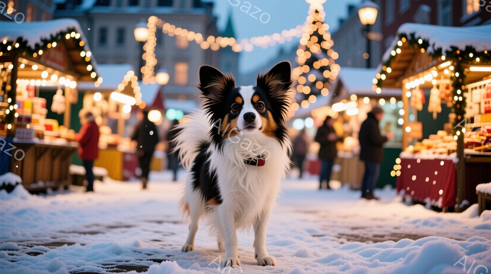 白と黒の模様が特徴的な犬が雪景色の中で正面を向いて立っている。背景にはクリスマスのマーケットのような賑やかな光景が広がり、人々が楽しそうに歩き回っている。雪が積もり、暖かい光が灯り、お祭り気分を盛り上 - AI生成フリー素材