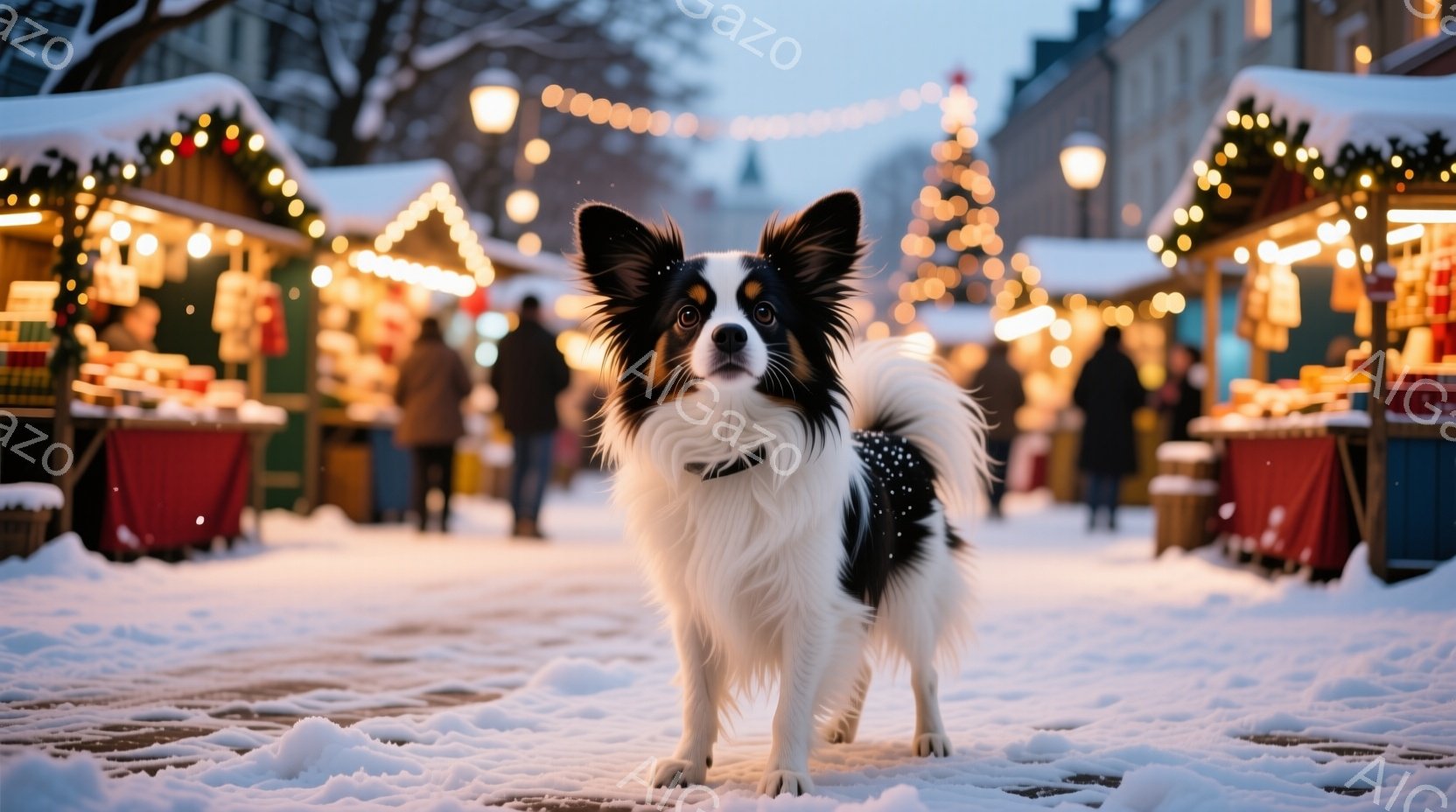 白と黒の毛並みを持つ、可愛らしいチワワが雪景色の中に立っている。背景には、クリスマスの飾り付けがされた屋台が並び、人々が楽しんでいる様子がぼやけて見える。雪が降り積もり、温かい光が灯ることで、冬の暖か - AI生成フリー素材