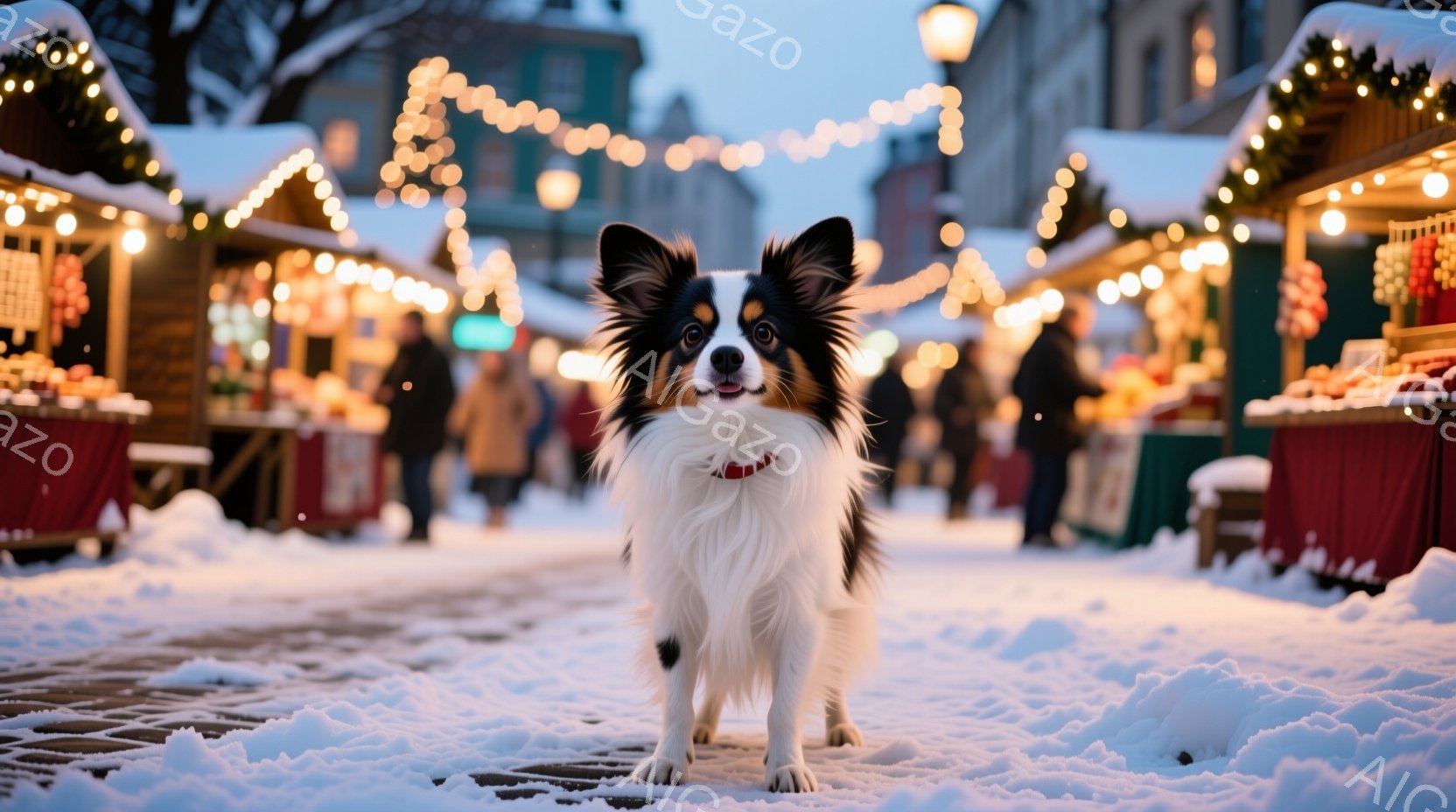 白と黒の毛並みを持つ、可愛らしいチワワが雪の上に立っている。背景にはクリスマスマーケットのような賑やかな様子が見え、多くの人々が暖かい光に照らされた屋台の周りを歩いている。雪景色とクリスマスの飾り付け - AI生成フリー素材
